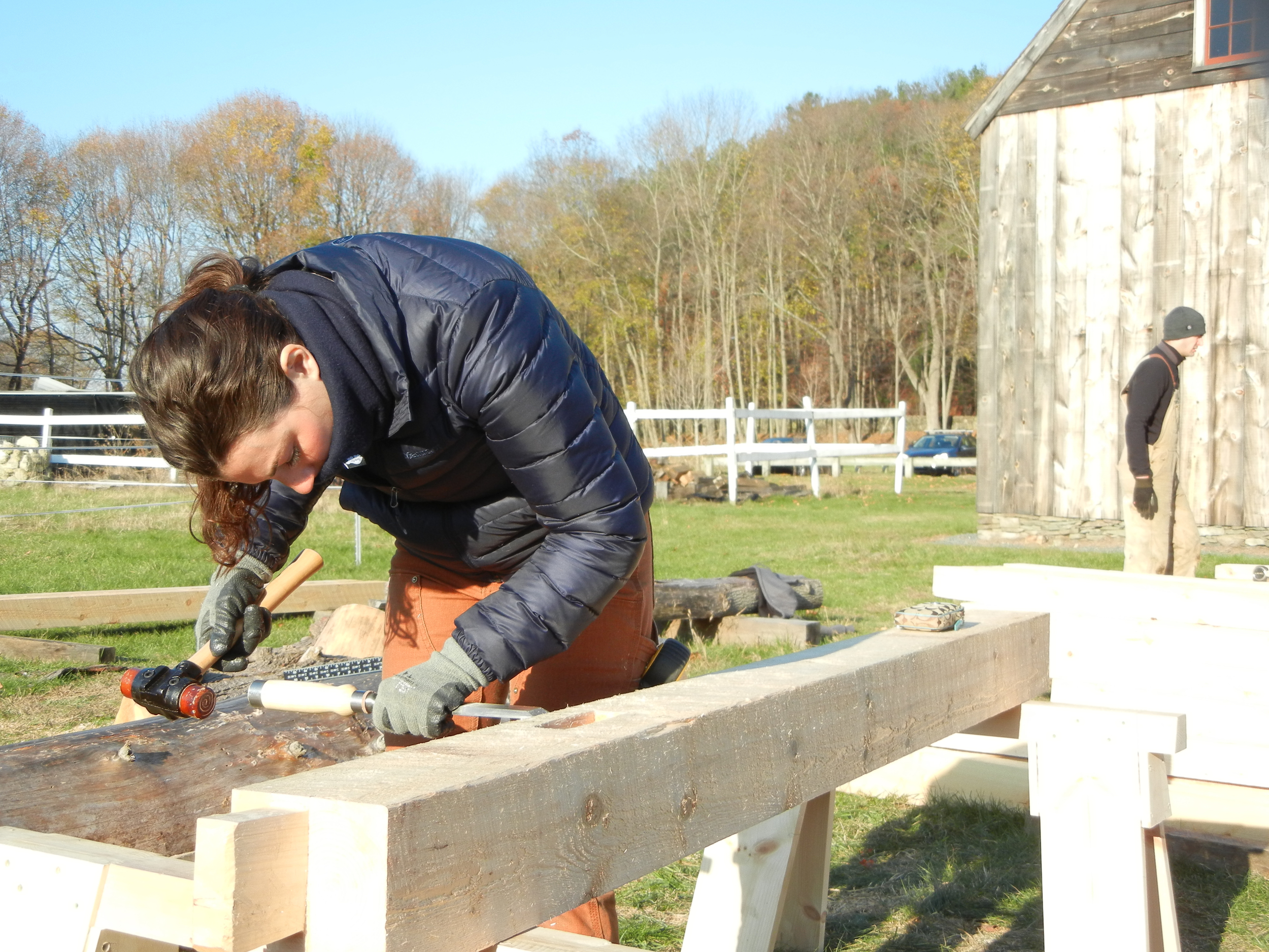 "Here, I'm using a timber framing chisel and rawhide mallet to square rule a mortise." | Photo: Courtesy Maia DiLorenzo