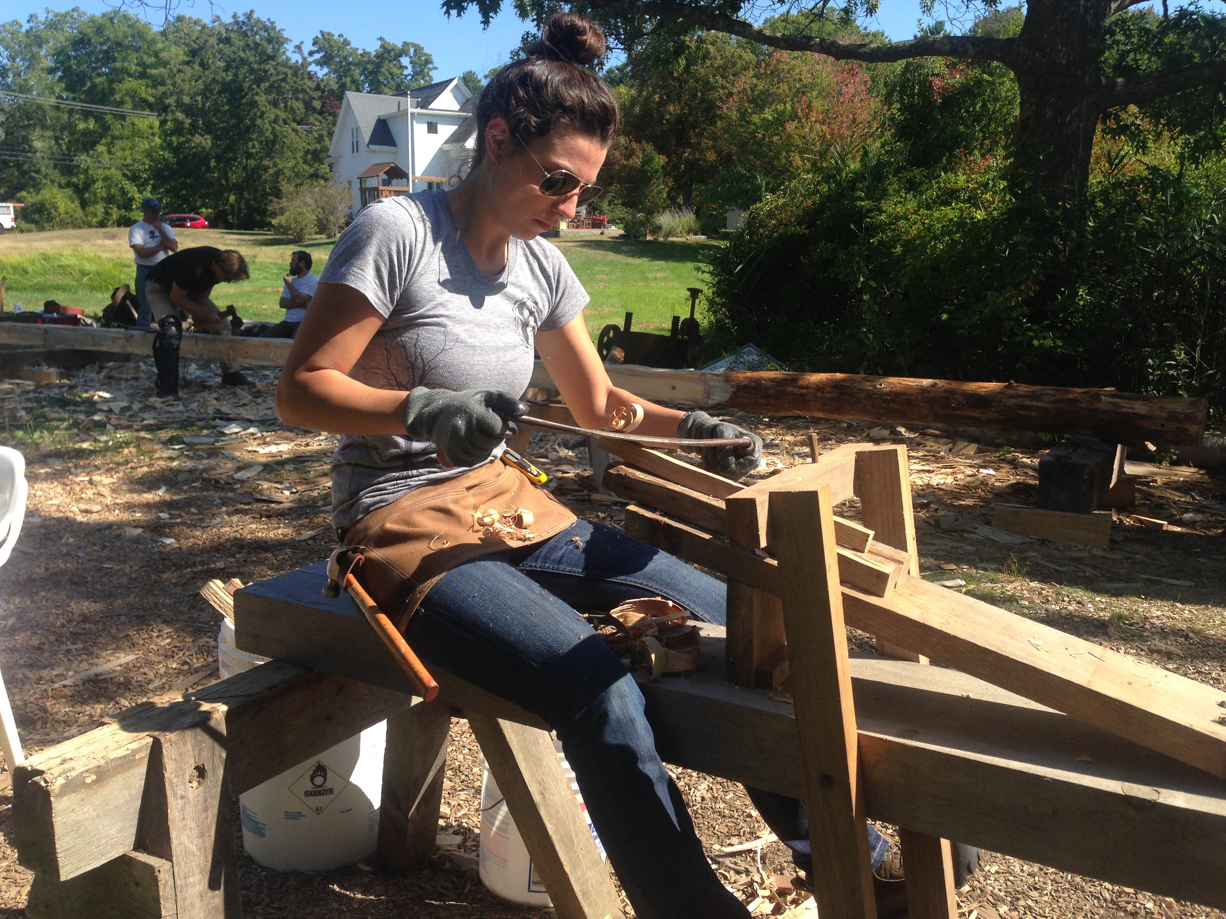 "Here, I' m using a draw knife to taper wooden pegs for a restoration project at the Hatch Mill in Marshfield, Mass." | Photo: Courtesy Maia DiLorenzo