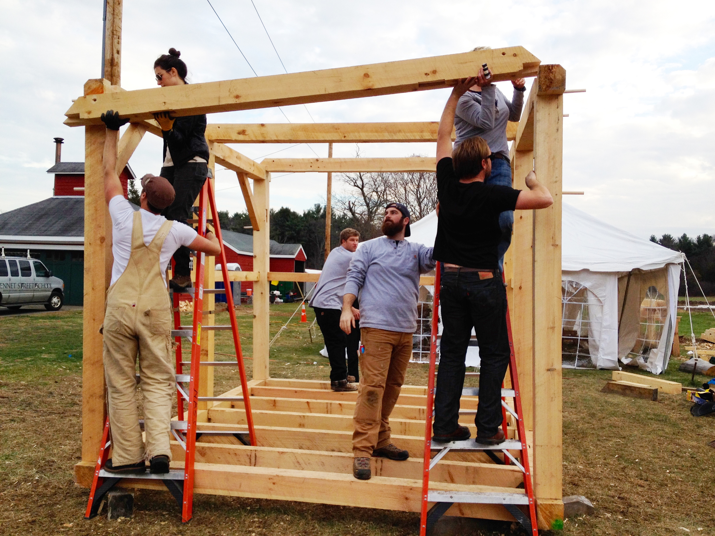 "M y classmate, Liz and I raising a timber for a 18th century style barn." | Photo: Courtesy Maia DiLorenzo