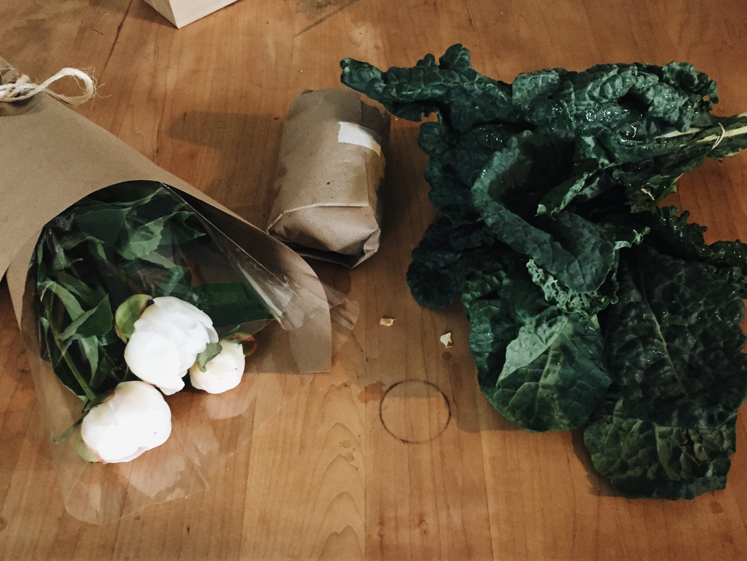 Peonies, ground bison , kale.