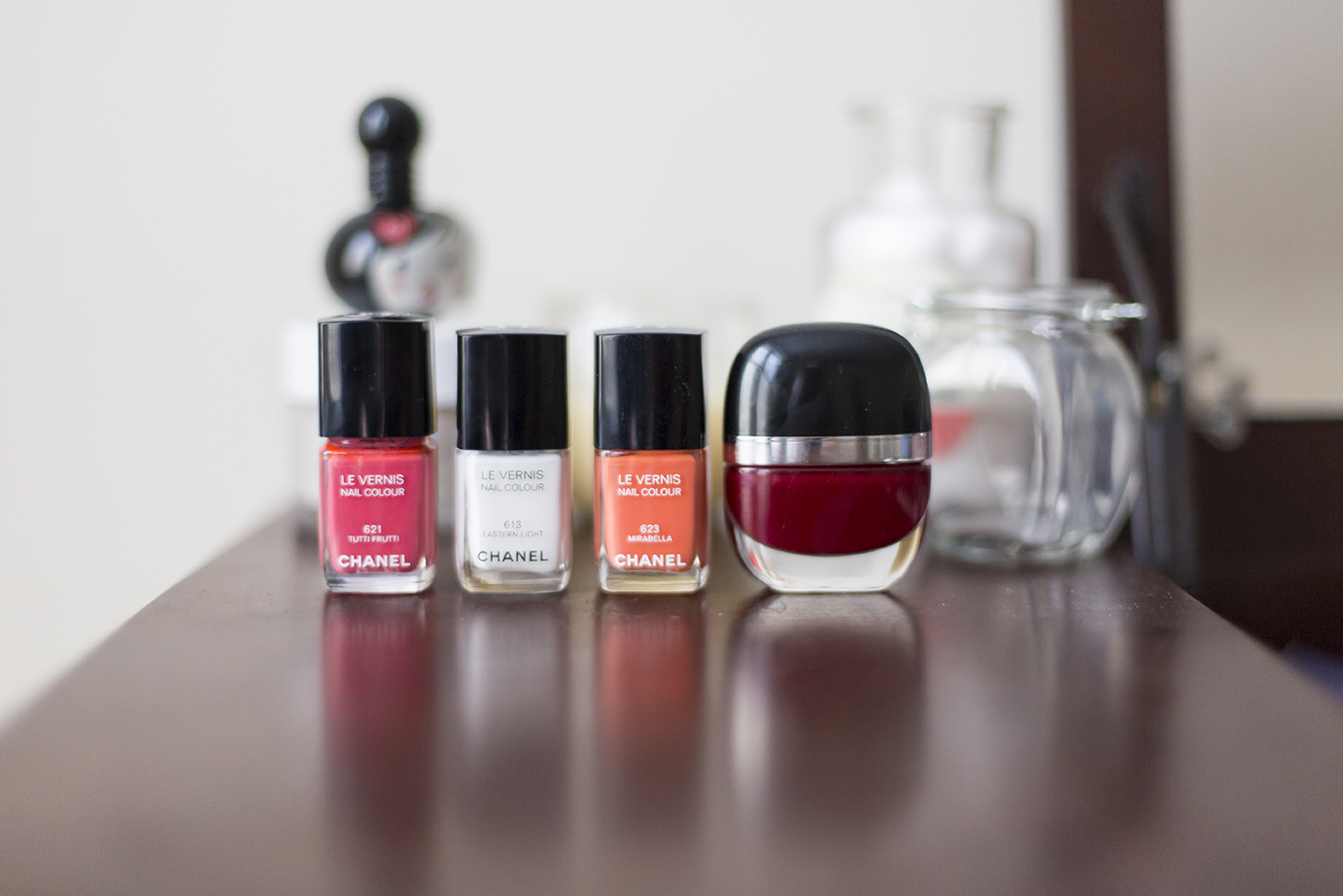 “I have a side of my vanity dedicated to designer makeup and my pretty Chanel and Marc Jacobs polishes are lined up, along with this Tom Ford multi-use compact, which I'll probably never use because it's just so, so precious and beautiful. Yes, I have sacred makeup.”