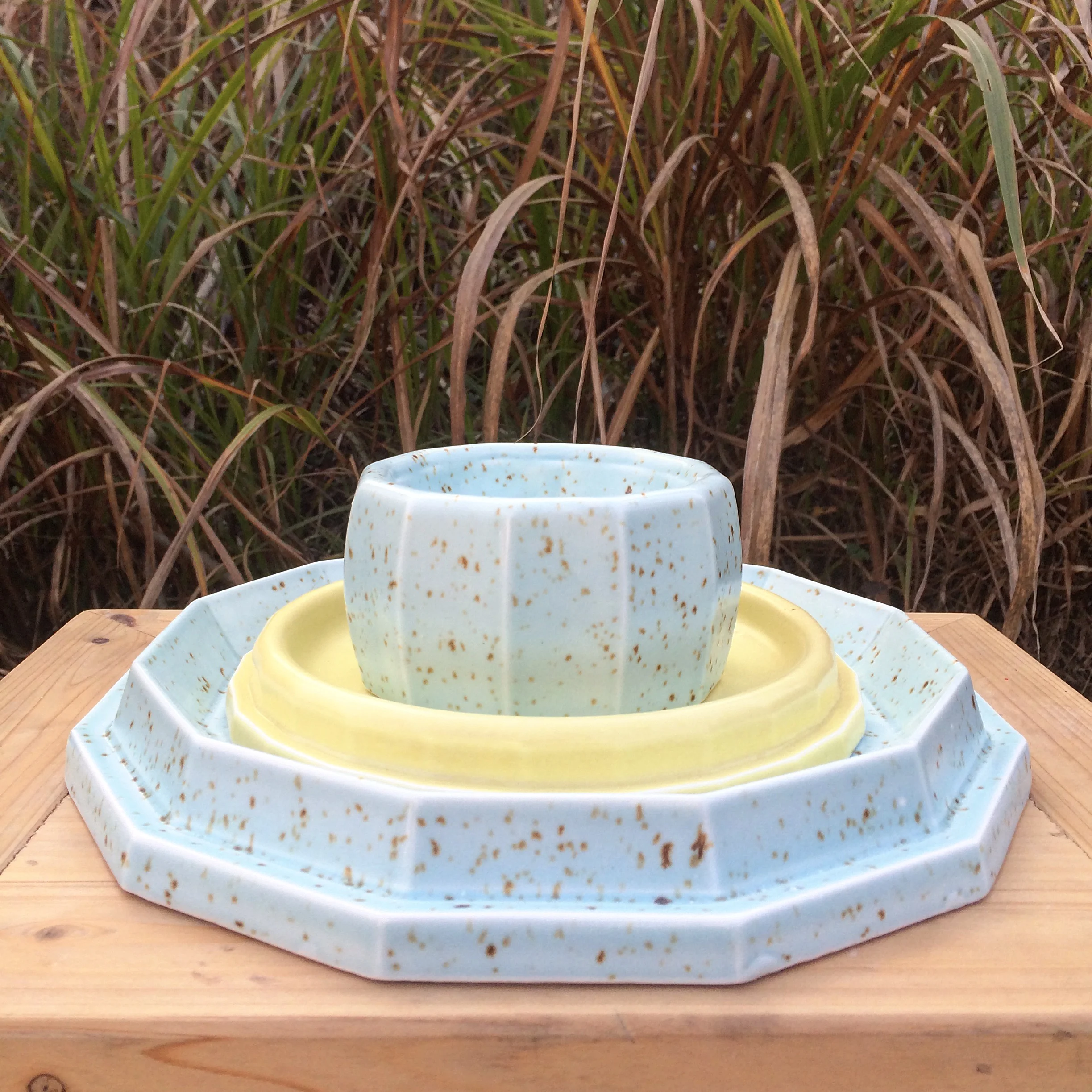 Finished Dinnerware Stack in Robbins Egg and Yellow