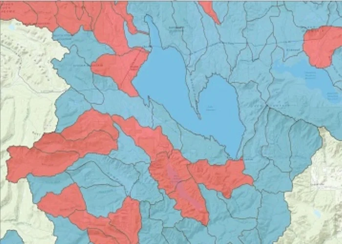 Rainbow trout presence (in red) in a portion of the Upper Feather River Basin, displayed at the watershed scale, USGS 14-digit Hydrologic Unit Code (HUC). Data obtained courtesy of USFS.