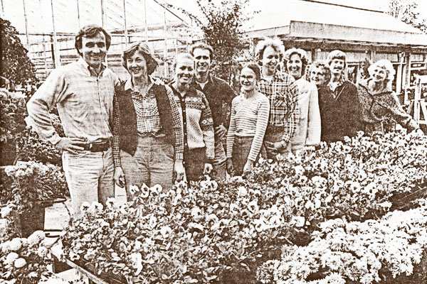   In 1976, Wally Kerwin purchased the nursery from the Swanson family. This photo shows Wally, far left, with the 1981 staff.  