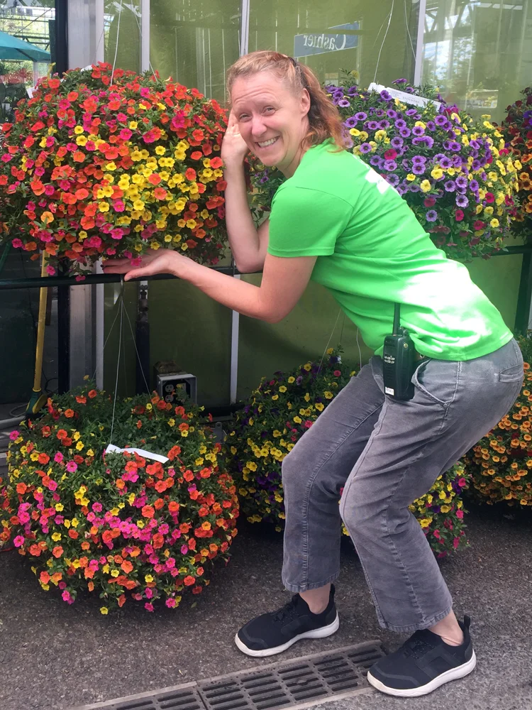 Our annual’s buyer, Liane, with some really awesome calibrachoa (aka millionbells). My bad joke for the day: What’s a bro’s favorite flower? Calibrachoa! (get it? It is pronounced “cali-BRAH-koa” - the best jokes are the ones you have to explain. ;)