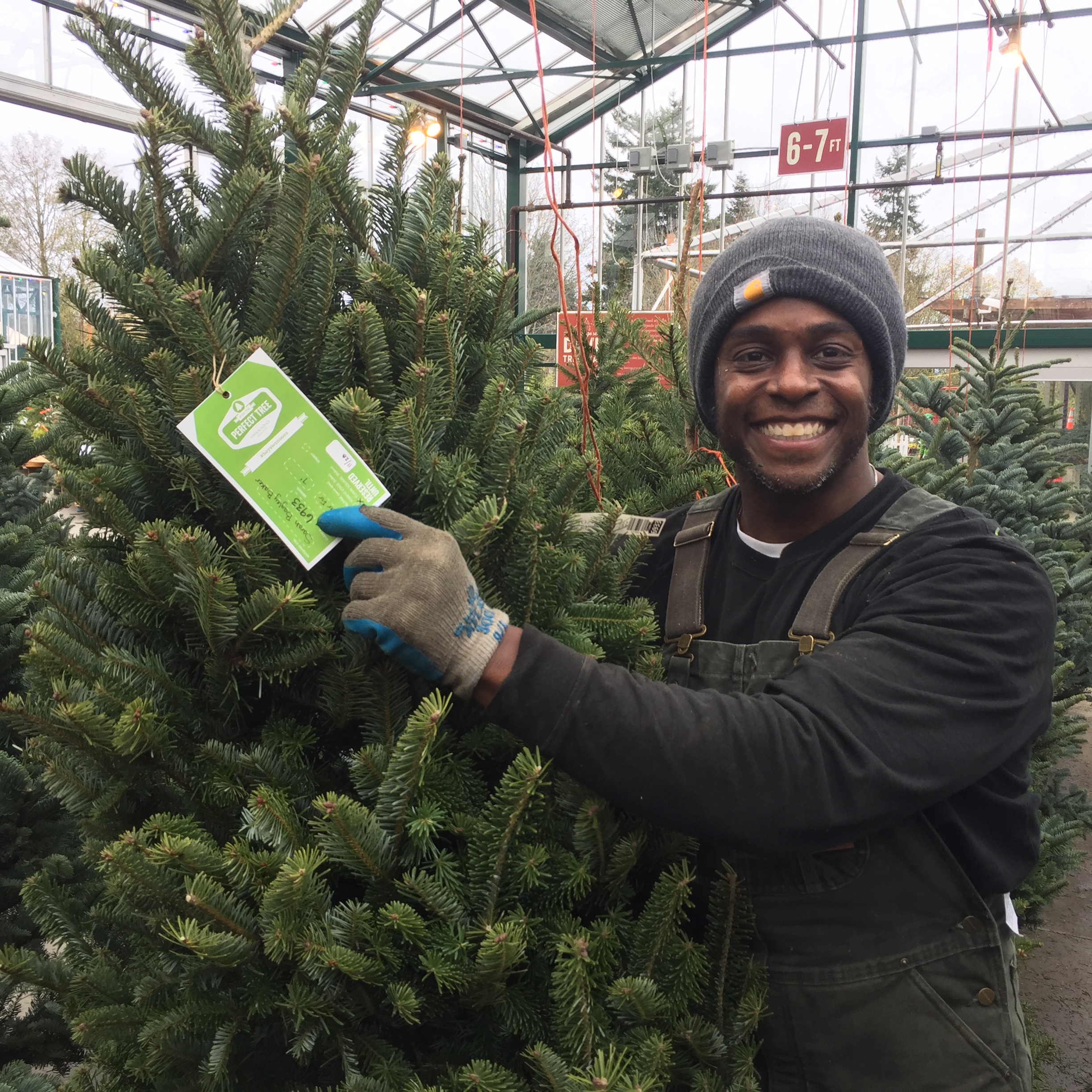 Geoffery helping a customer pick the perfect tree