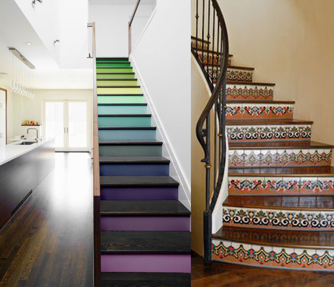 Above - Two contrasting examples of easy and affordable ways to enhance a staircases materiality. The tiles might be an opportunity to speak of a families' cultural or ethnic heritage. Below - Mirror and marble signify glamour and prestige in