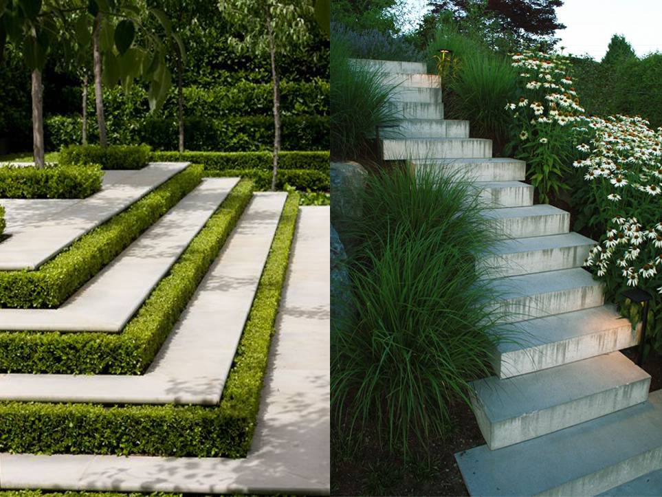 Stripes used here as hedging (above left), are an age-old method of suggesting movement. Stairs turning a corner encourage diagonal use. Organically placed, block-like stepping stones (above right) encourage playful moment between th