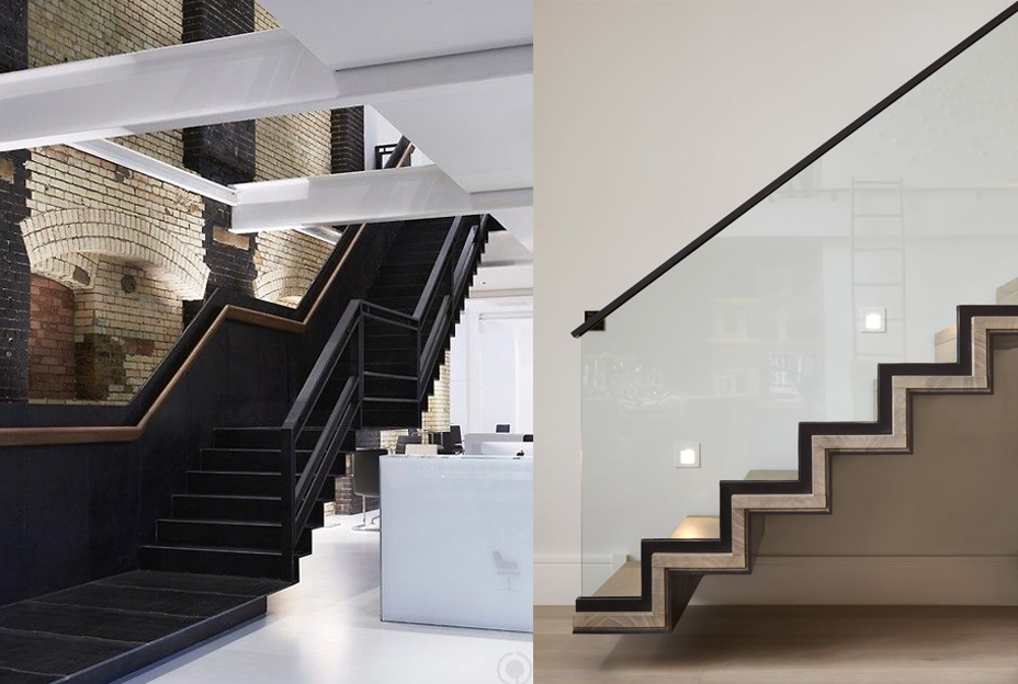 Above left: The landing on this staircase allows people to publically converse with their colleagues without the commitment of going one way or the other. Above right: Steel casing for the glass creates a dynamism while sta