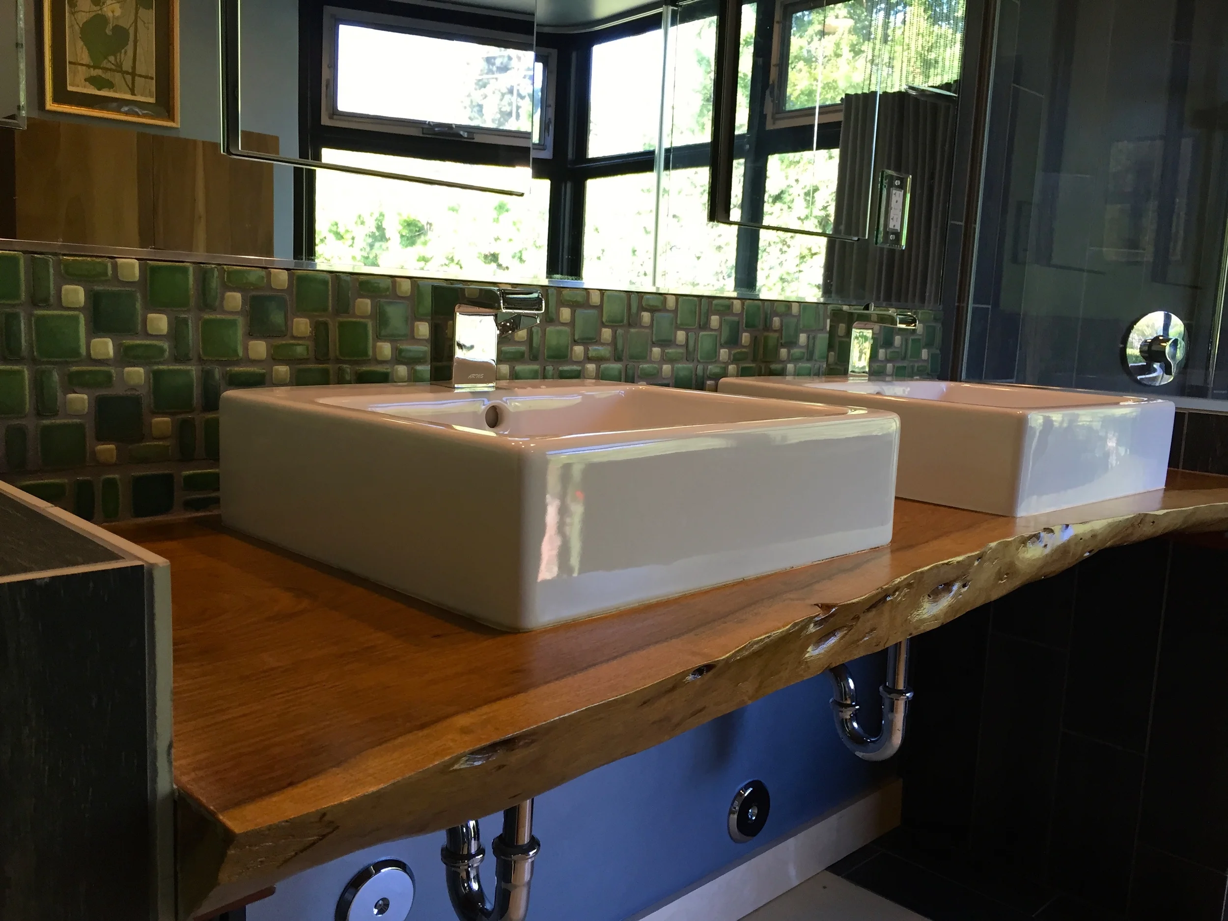 BENECIA - Master Bathroom Sinks with Custom Counter made form vintage wood