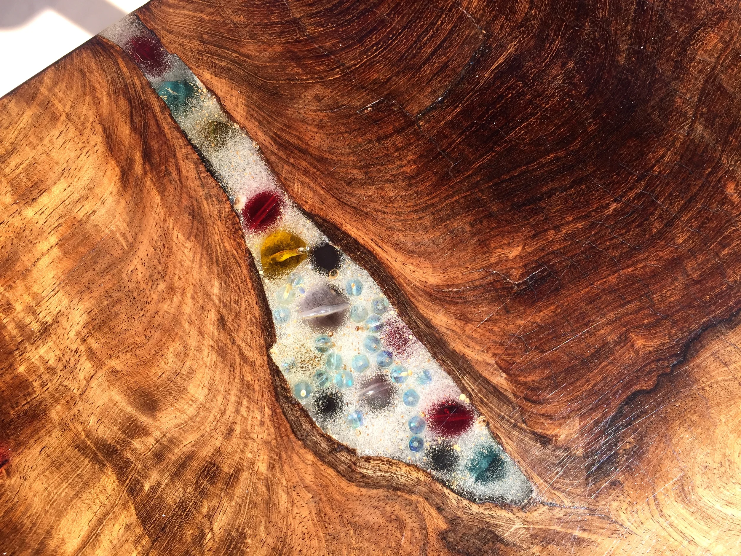 CUSTOM VANITY STOOL - reclaimed wood/resin/plastic jewels - seat - close up