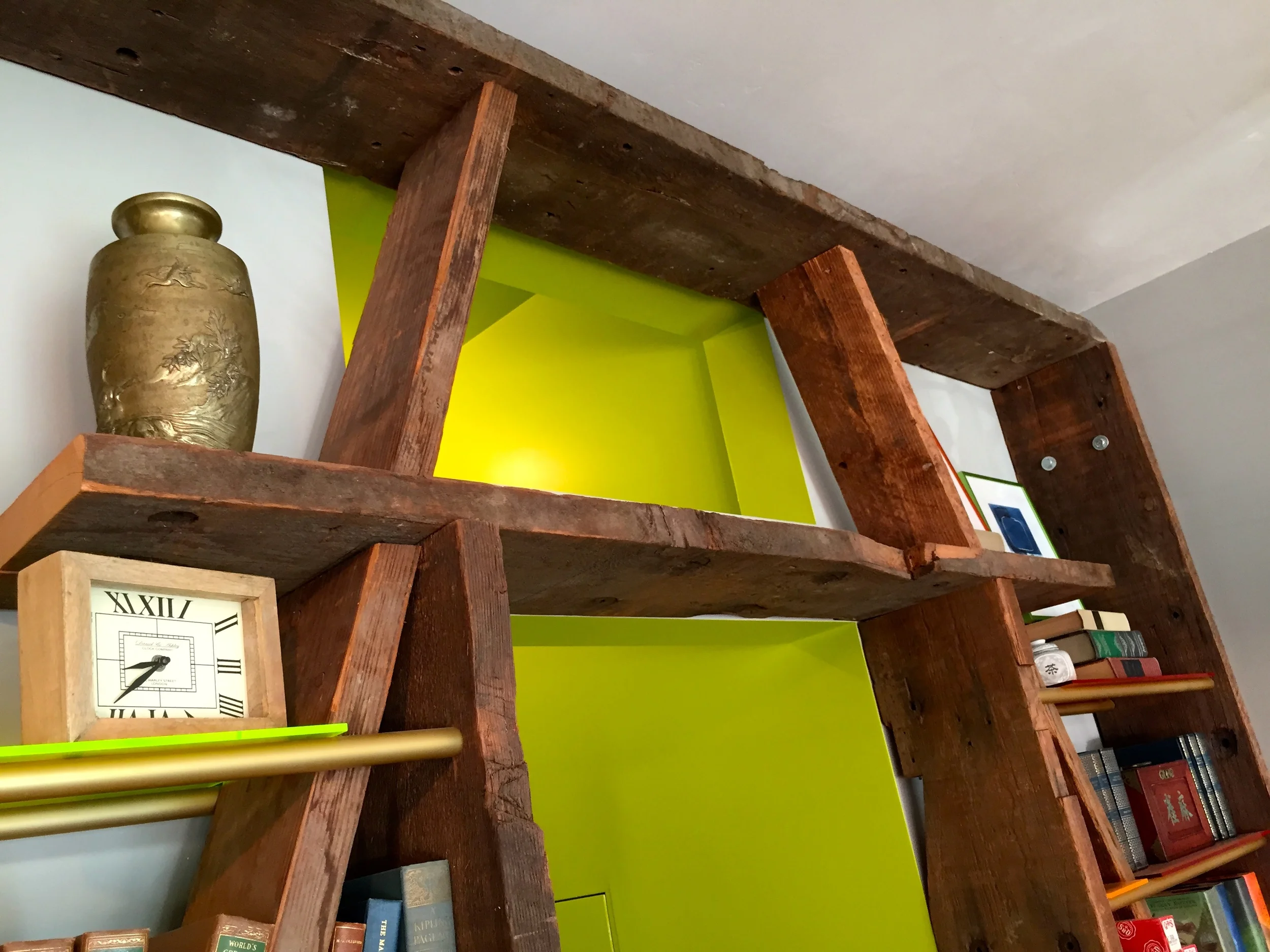 CUSTOM BOOKCASE - reclaimed wood/acrylic/metal - detail