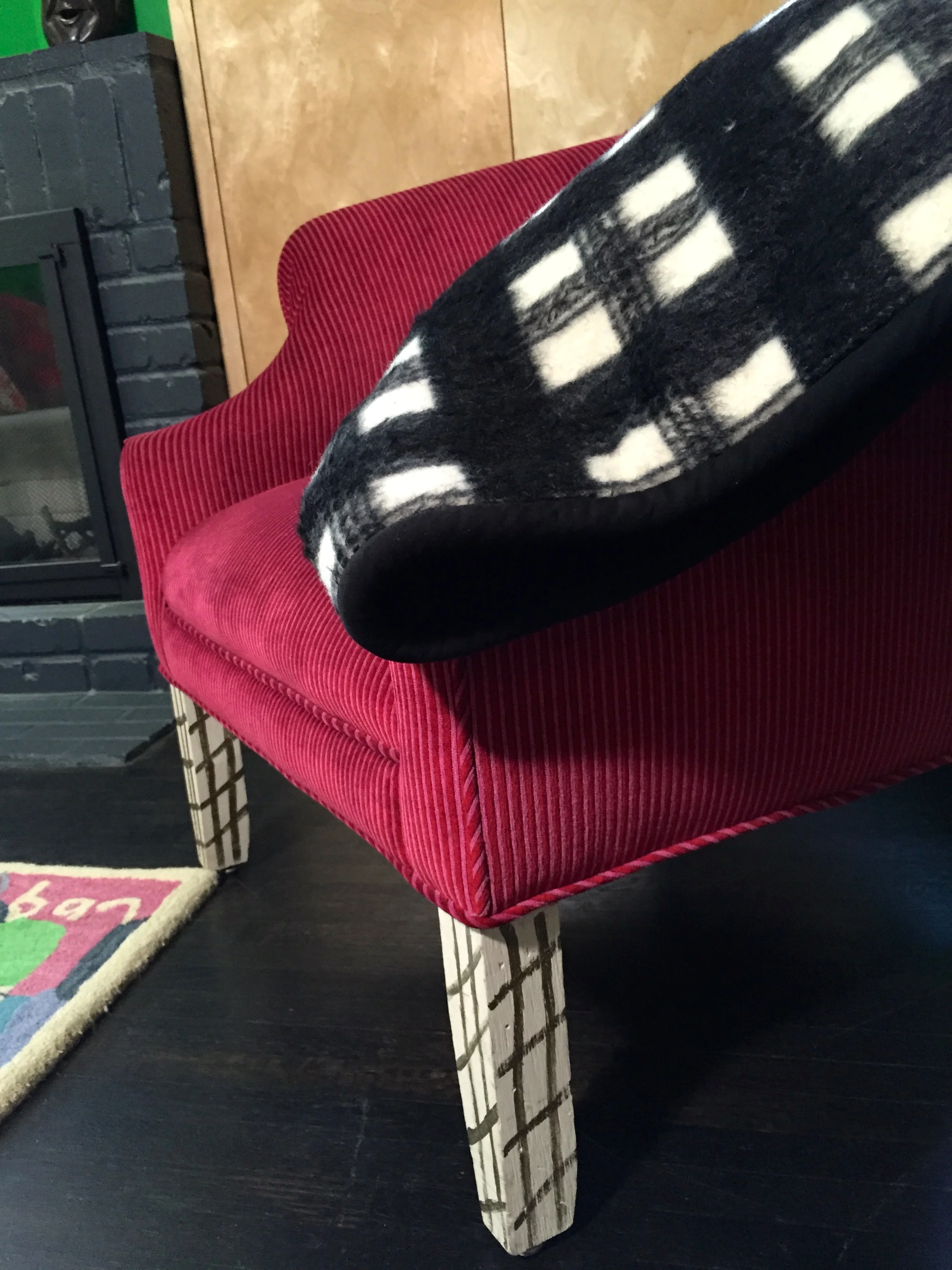 CUSTOM CHAIR + CUSTOM BLANKET with vintage fabric/fake fur