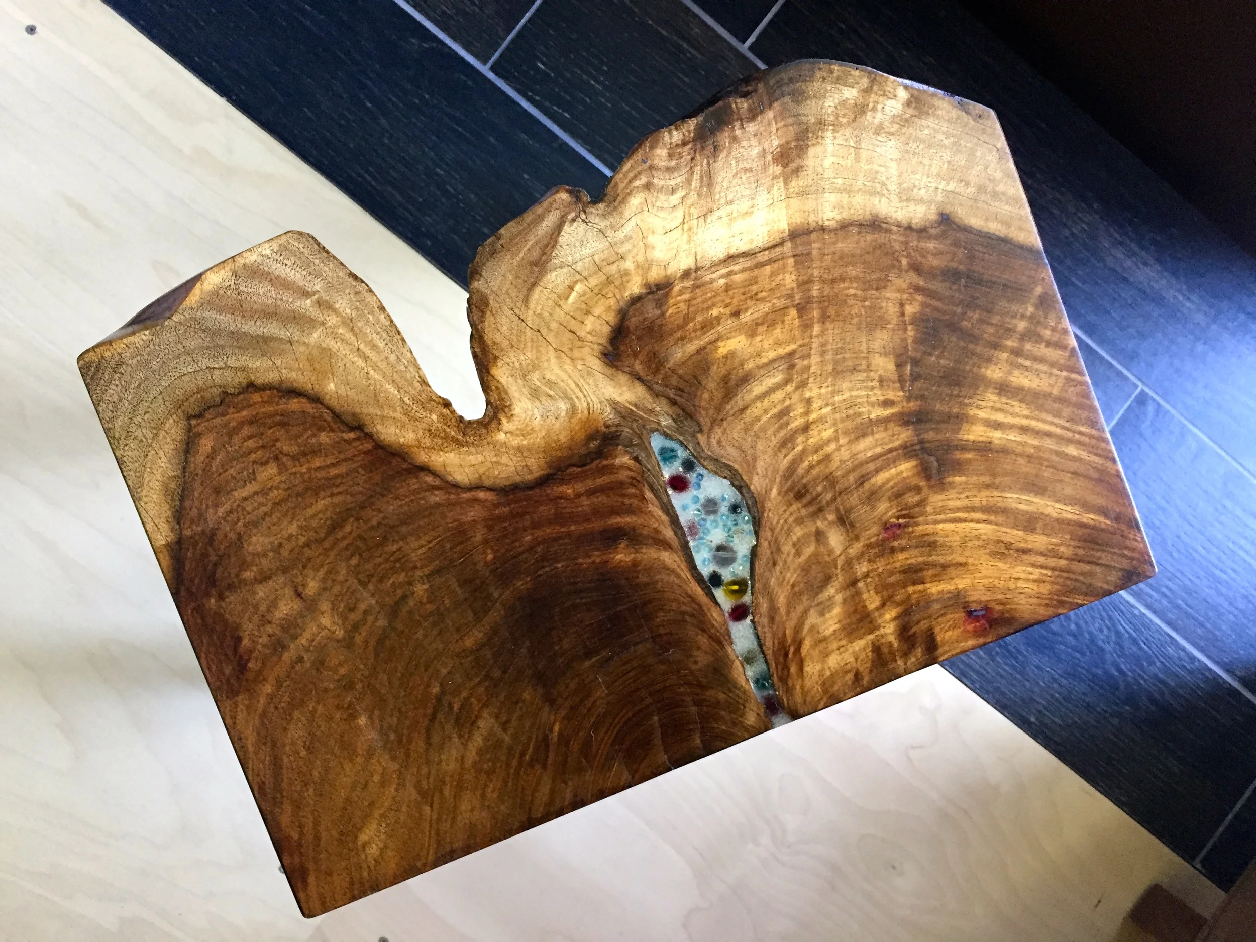 CUSTOM VANITY STOOL - reclaimed wood+resin/plastic jewel detail