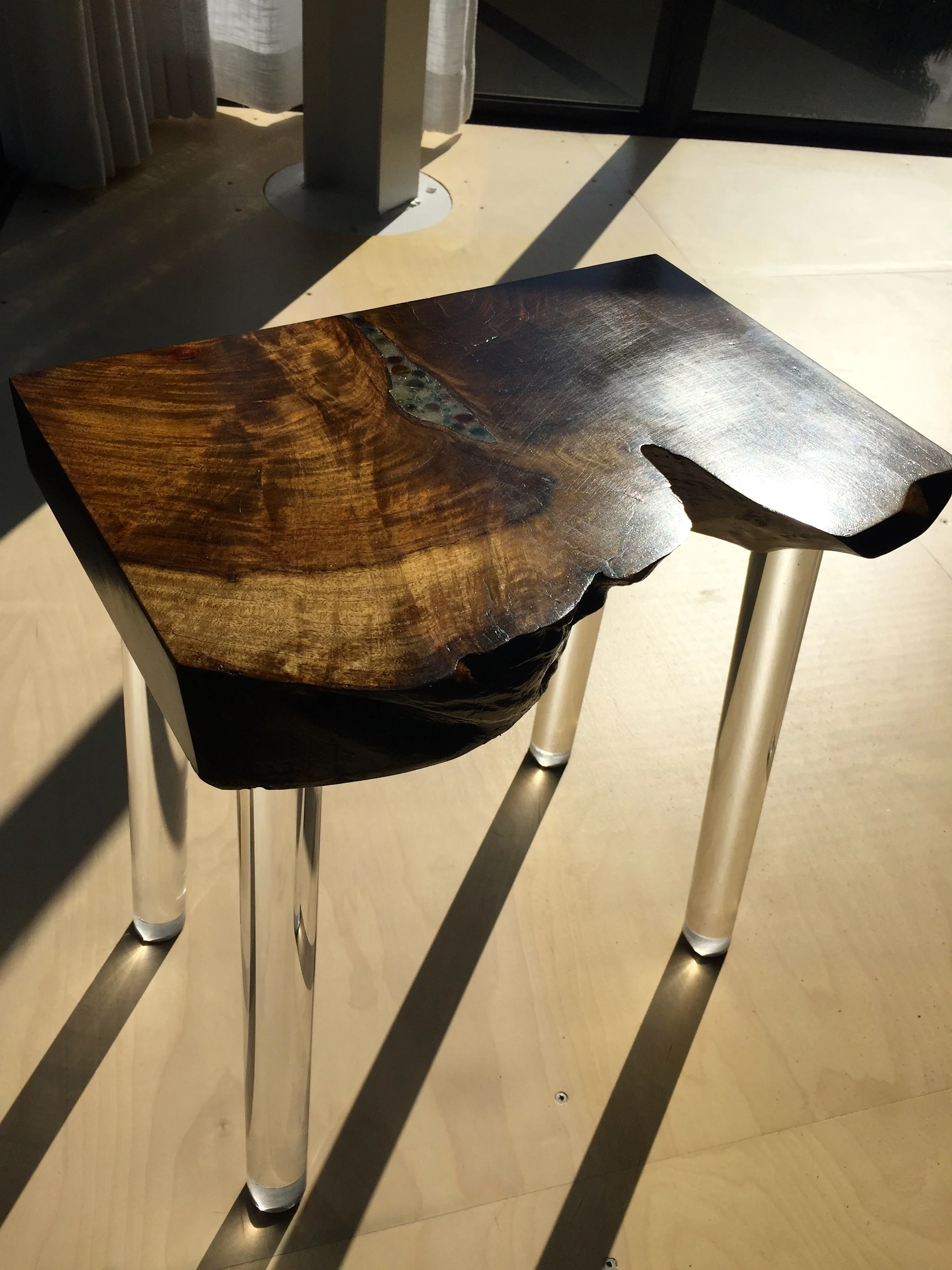 CUSTOM VANITY STOOL - reclaimed wood+acrylic legs
