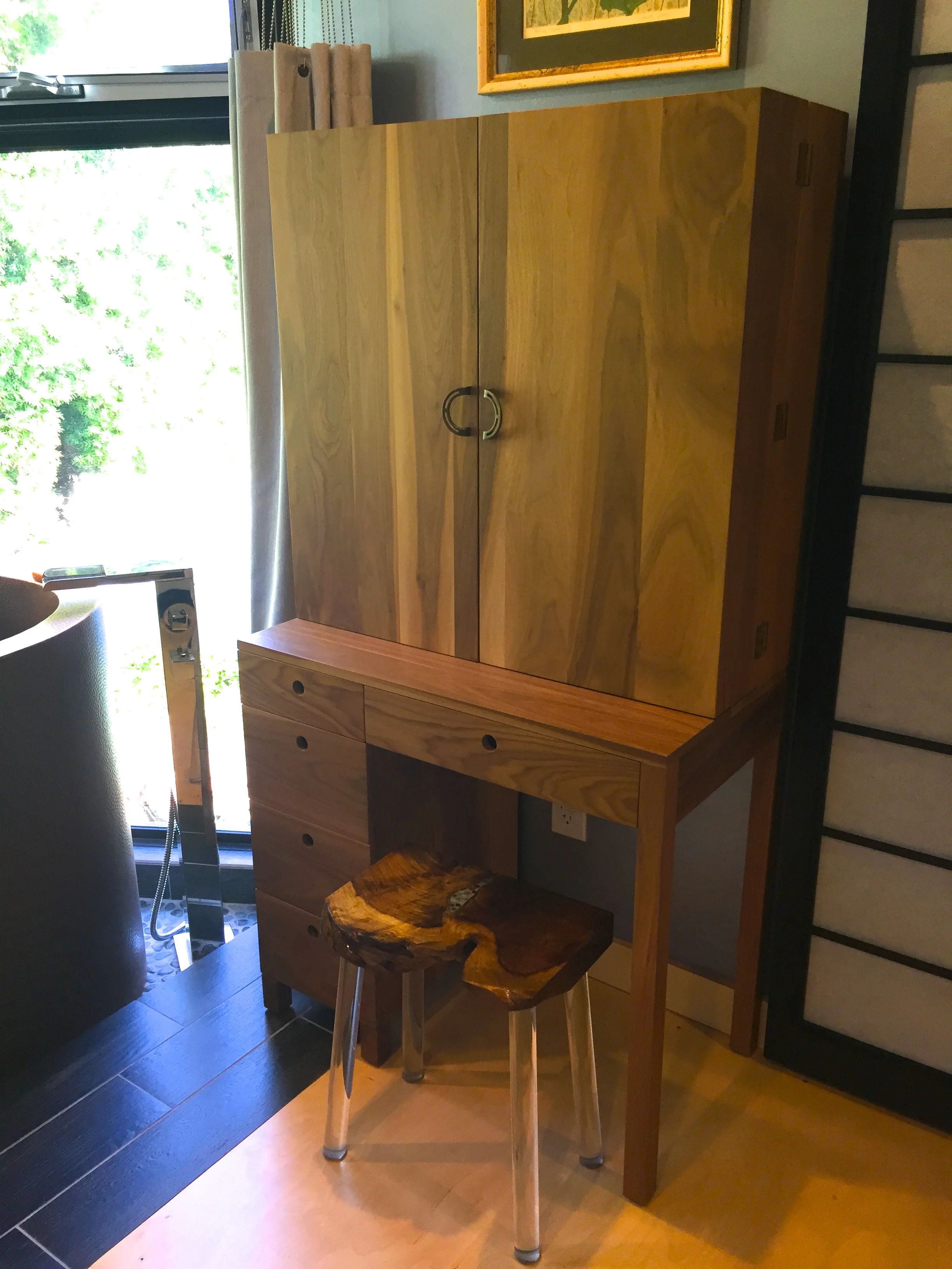 CUSTOM VANITY + STOOL - walnut vanity+reclaimed wood stool