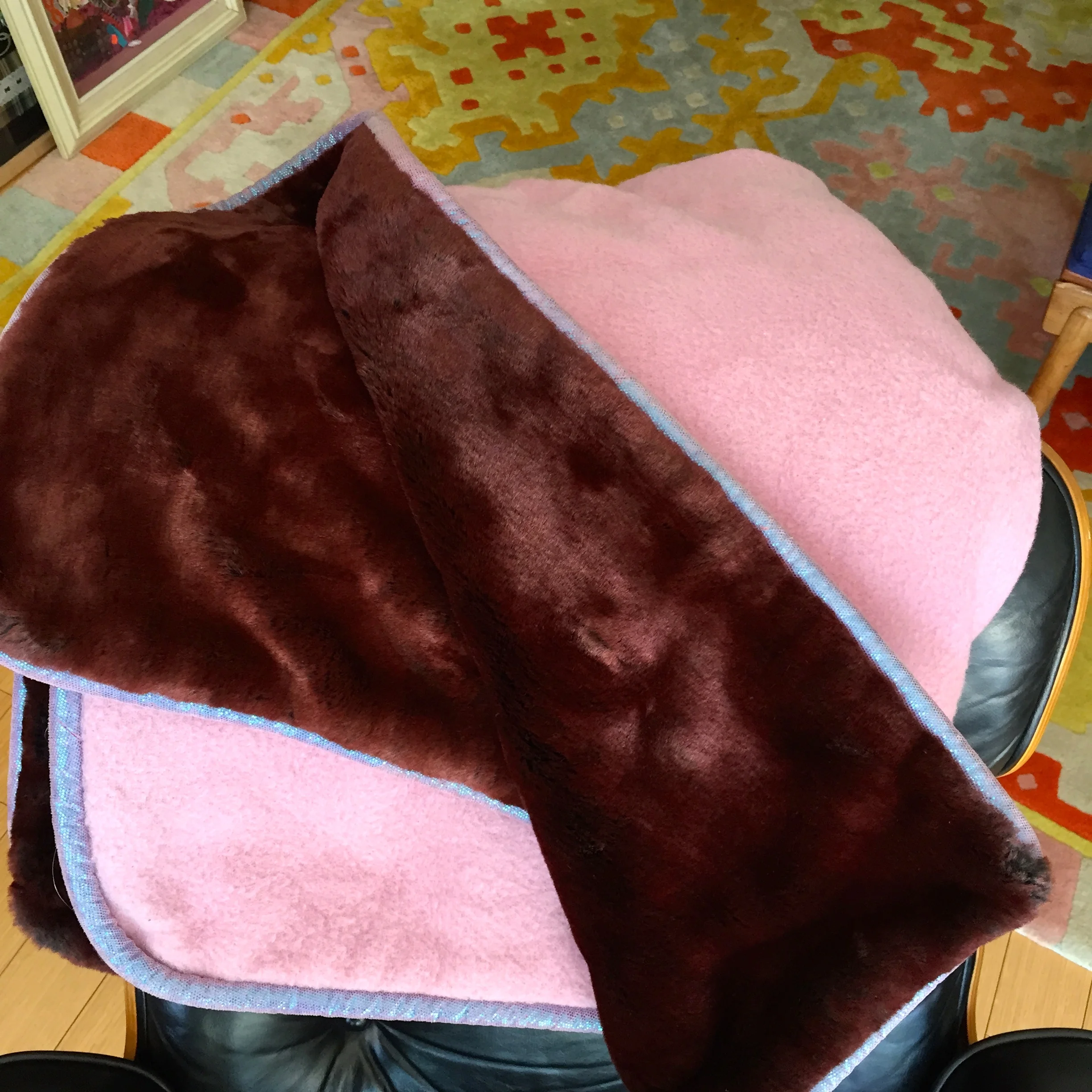 ART BLANKET - 60s lilac wool/lilac iridescent leather/burgundy fake fur - 4'4"x6'6"