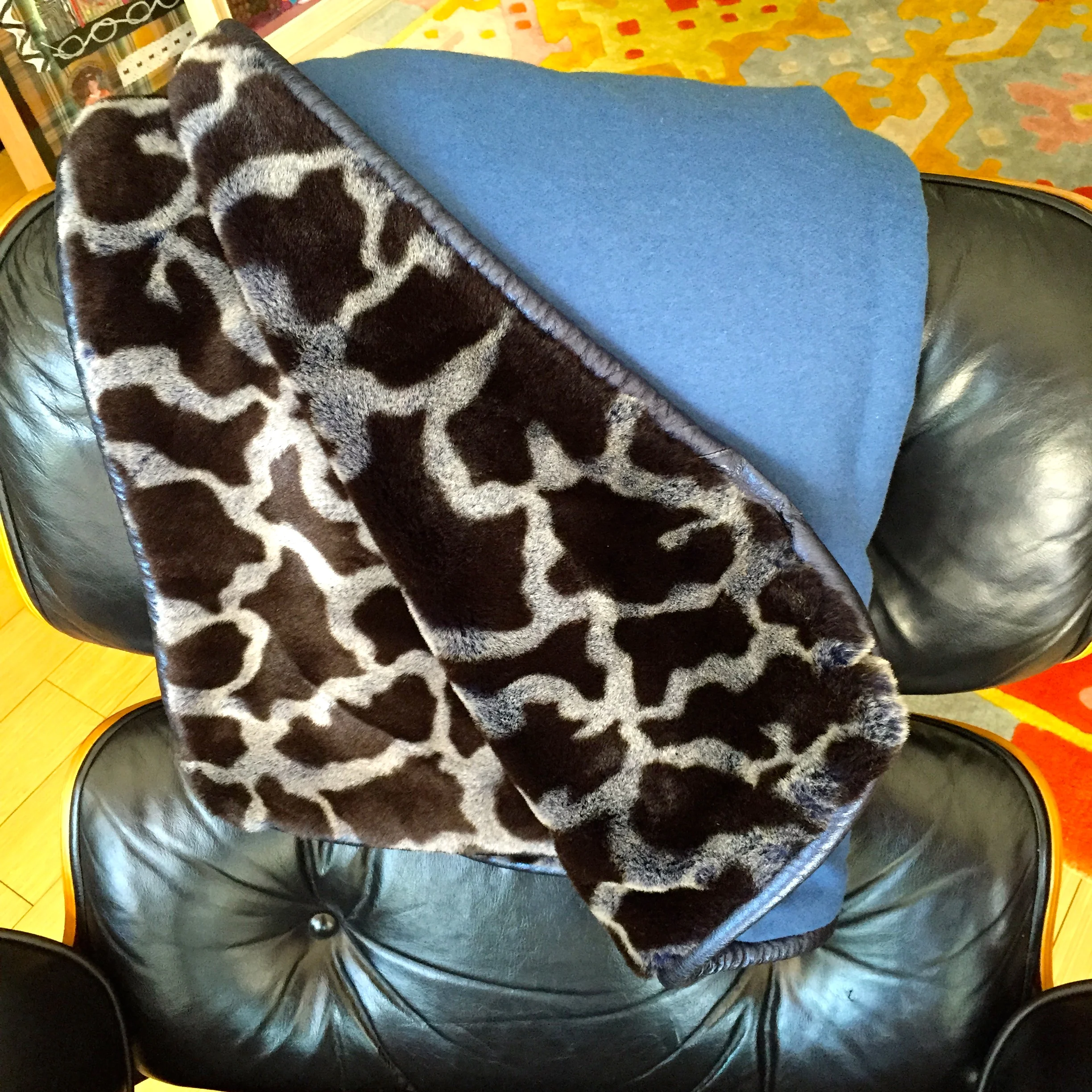 ART BLANKET - 60s royal blue wool flannel/metallic blue leather/giraffe fake fur - 2"5"x4"7"