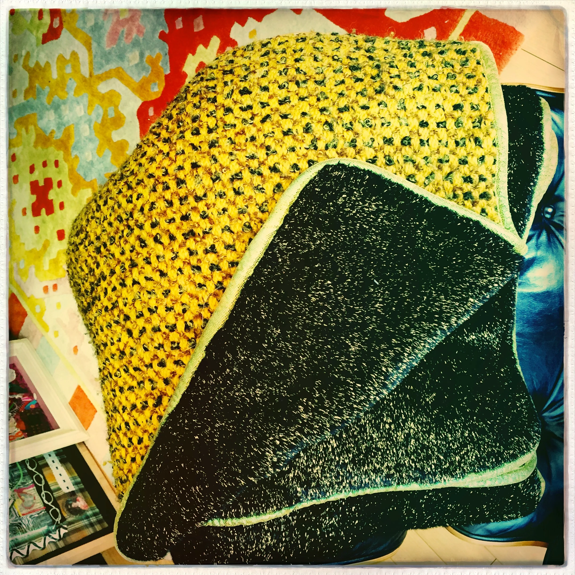 ART BLANKET - 60s yellow/black wool tweed/chartreuse iridescent leather/black+gold metallic fake fur - 4'4"x6'
