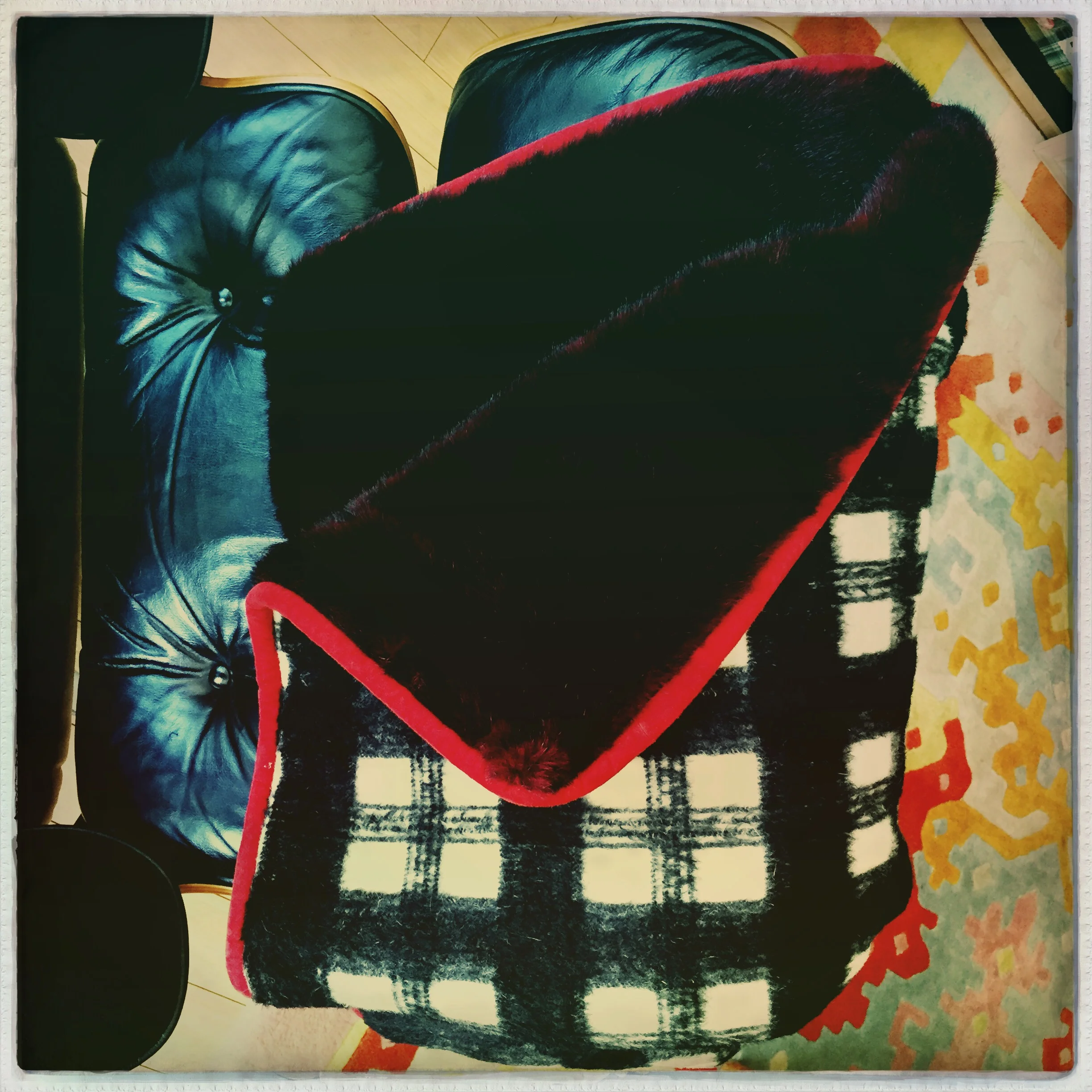 ART BLANKET - black+white plaid wool/red ultra suede/burgundy fake fur - 3'9"x4'6"