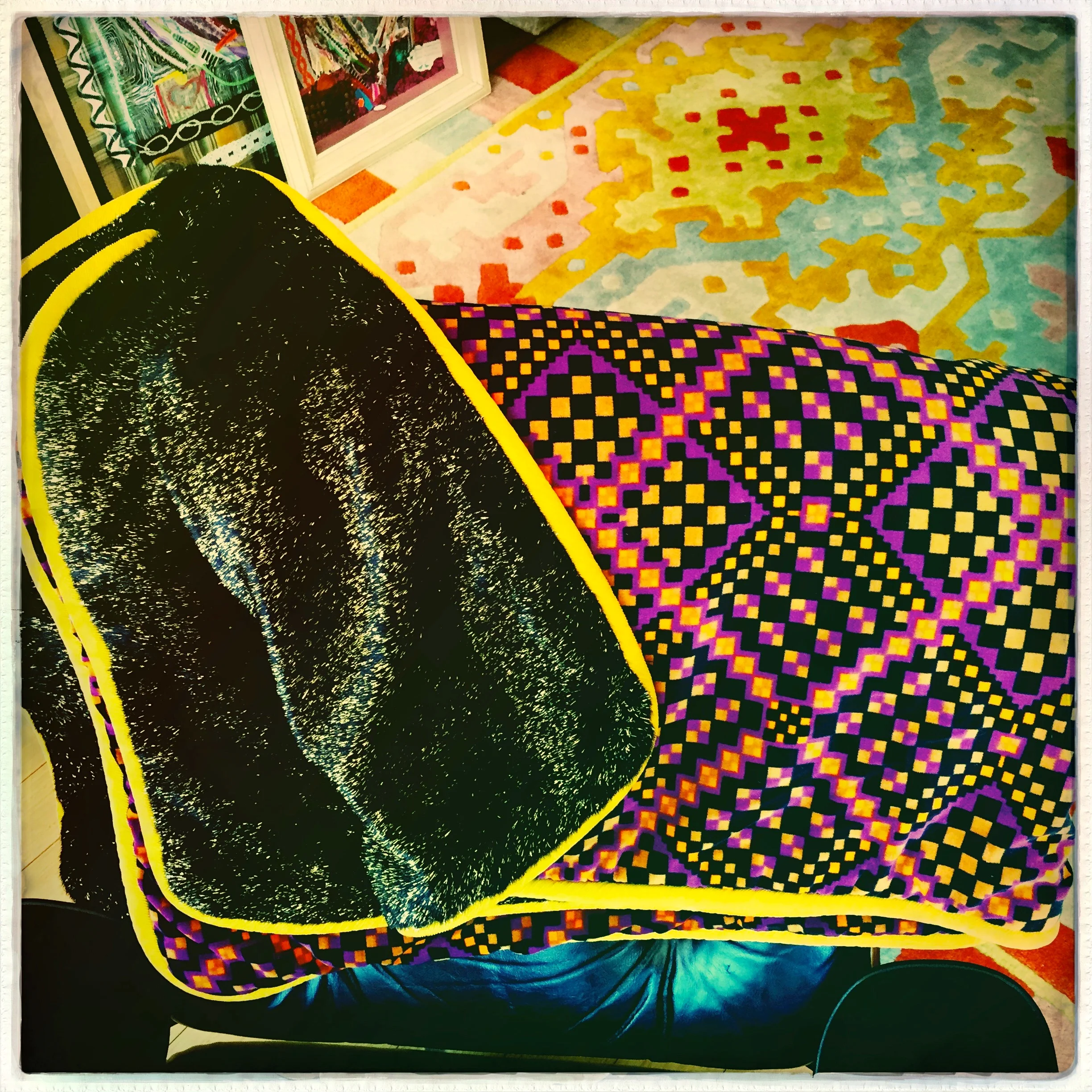 ART BLANKET - 70s geometric velvet/yellow corduroy/black+gold metallic fake fur - 4'8"x5'1"