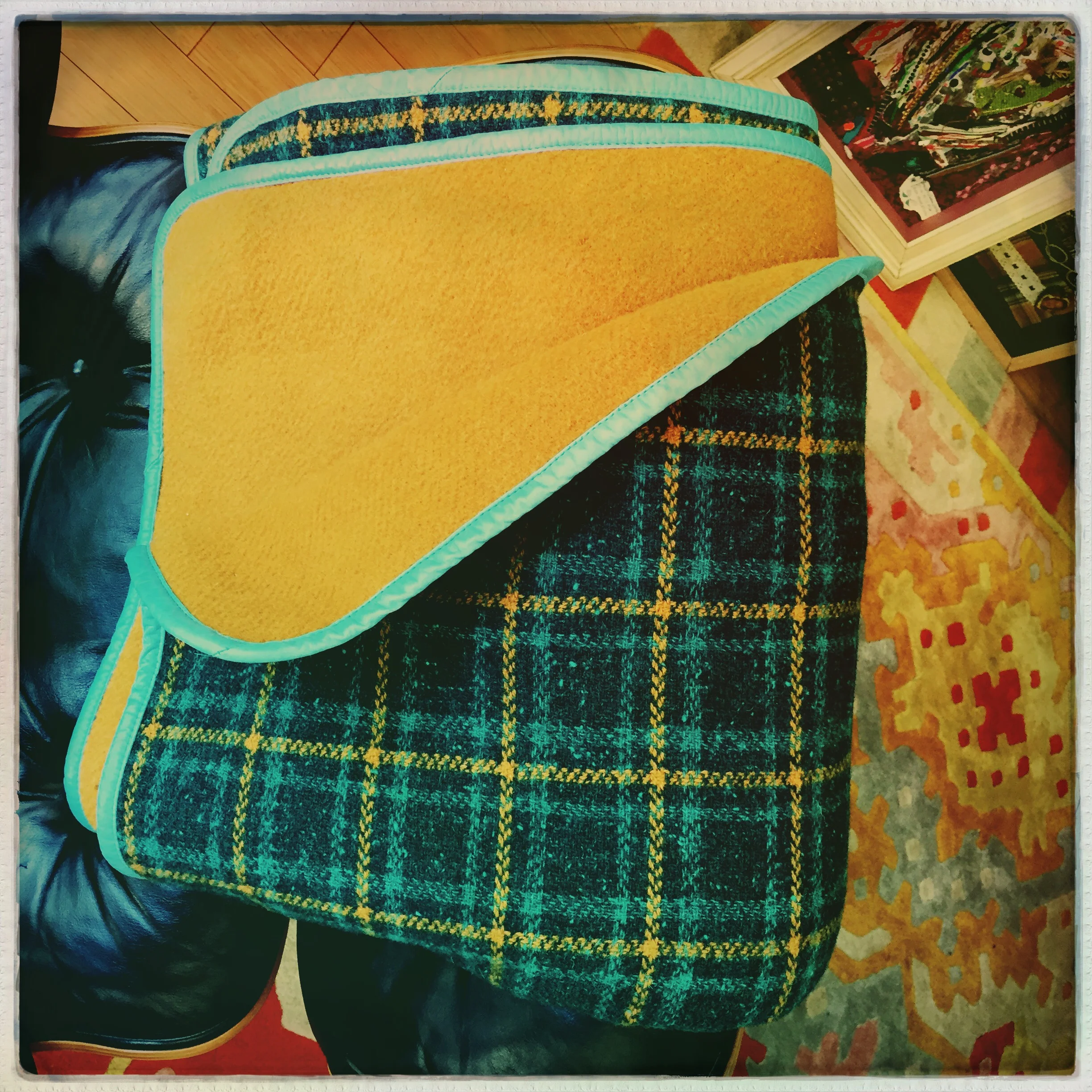 ART BLANKET - 60s double-faced teal+camel plaid wool/camel wool/turquoise leather - 4'5"x6'1.5"