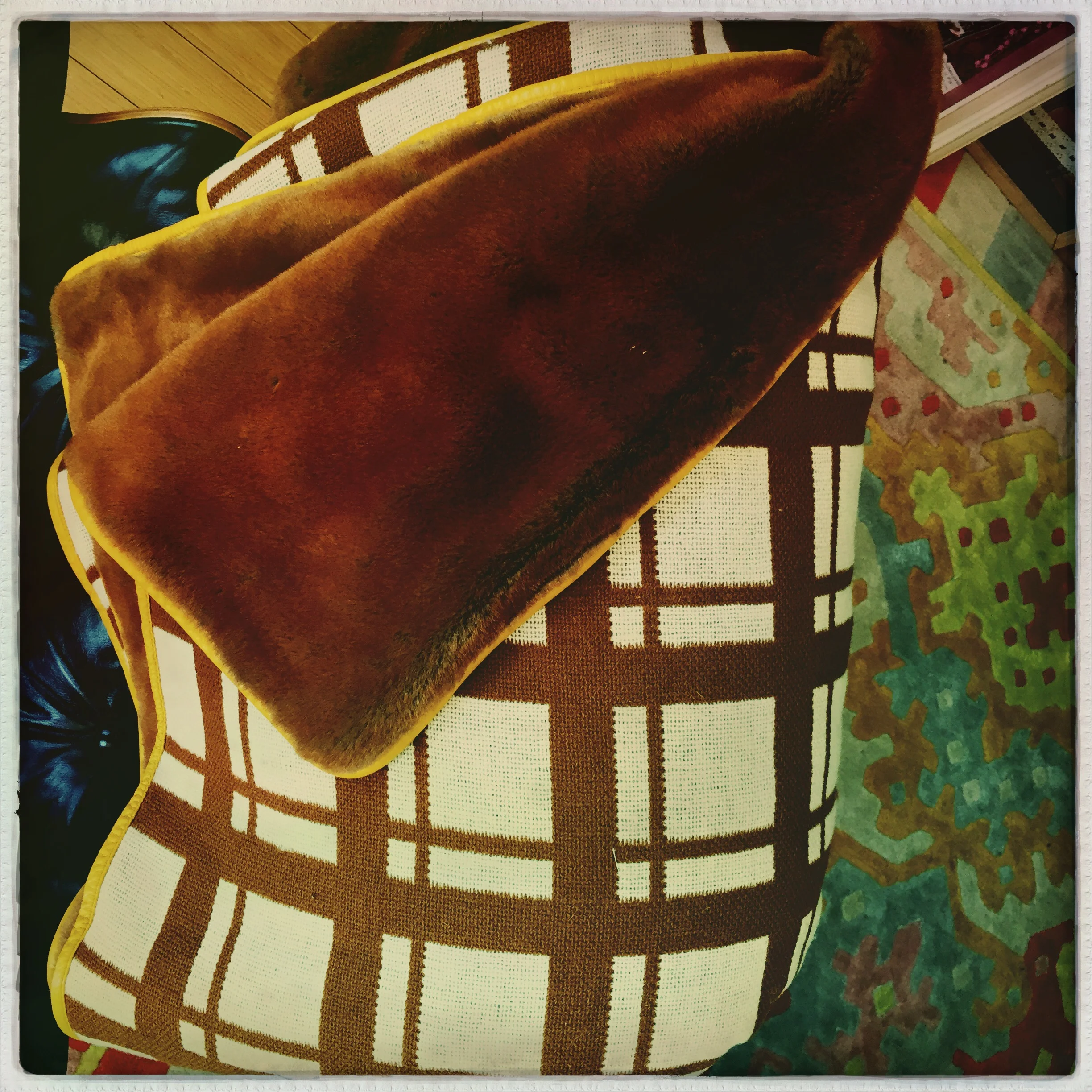 ART BLANKET - 60s brown+cream plaid wool/yellow leather/camel fake fur - 4"8"x7'11"