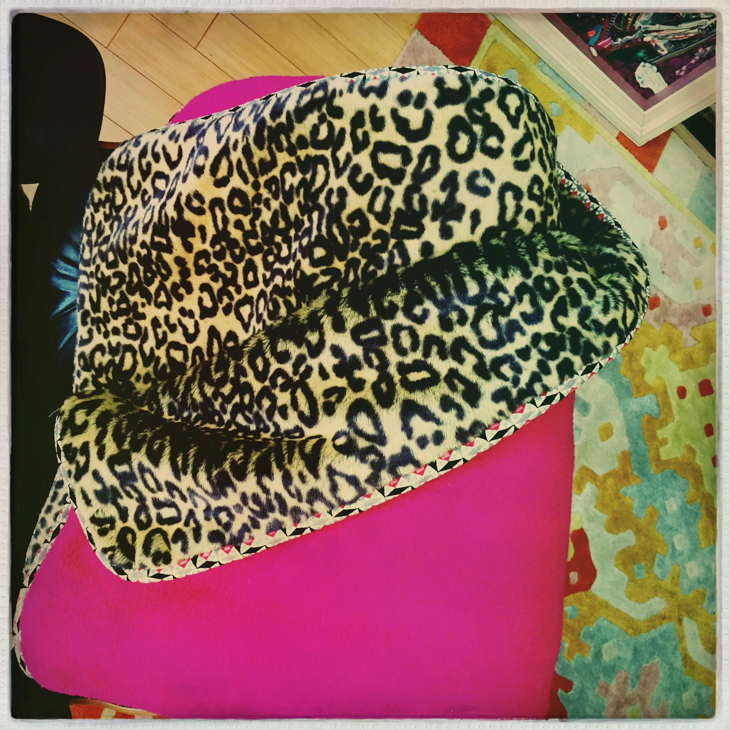 ART BLANKET - 60s Fuchsia Wool/70s geometric wool challis/cheetah fake fur - 3'9"x5'2"