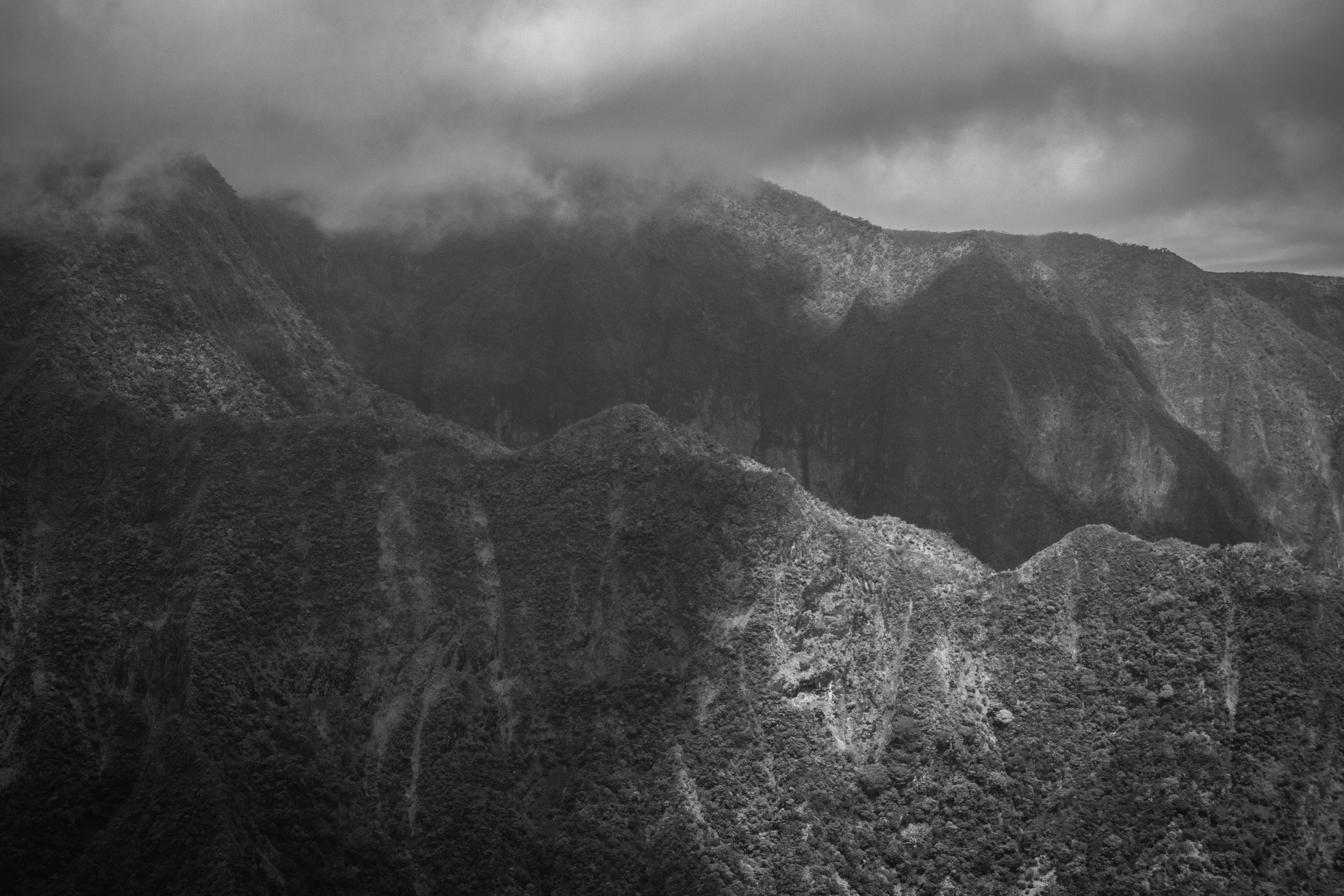 An aerial monochrome view of Maui's central Iao Valley
