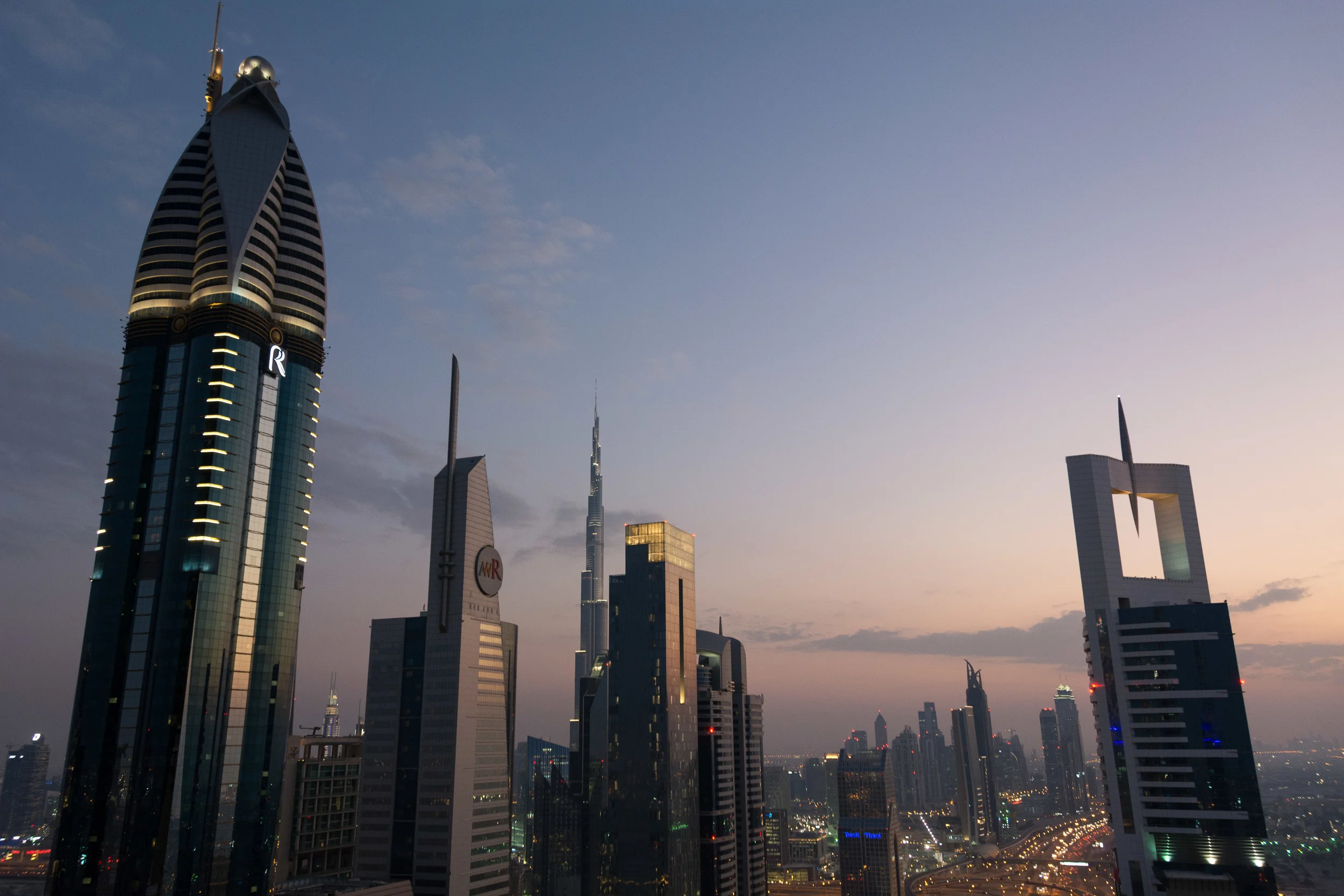 The skyscrapers along Sheikh Zayed road in Dubai as seen from atop the Level 43 Sky Lounge at the Four Points by Sheraton