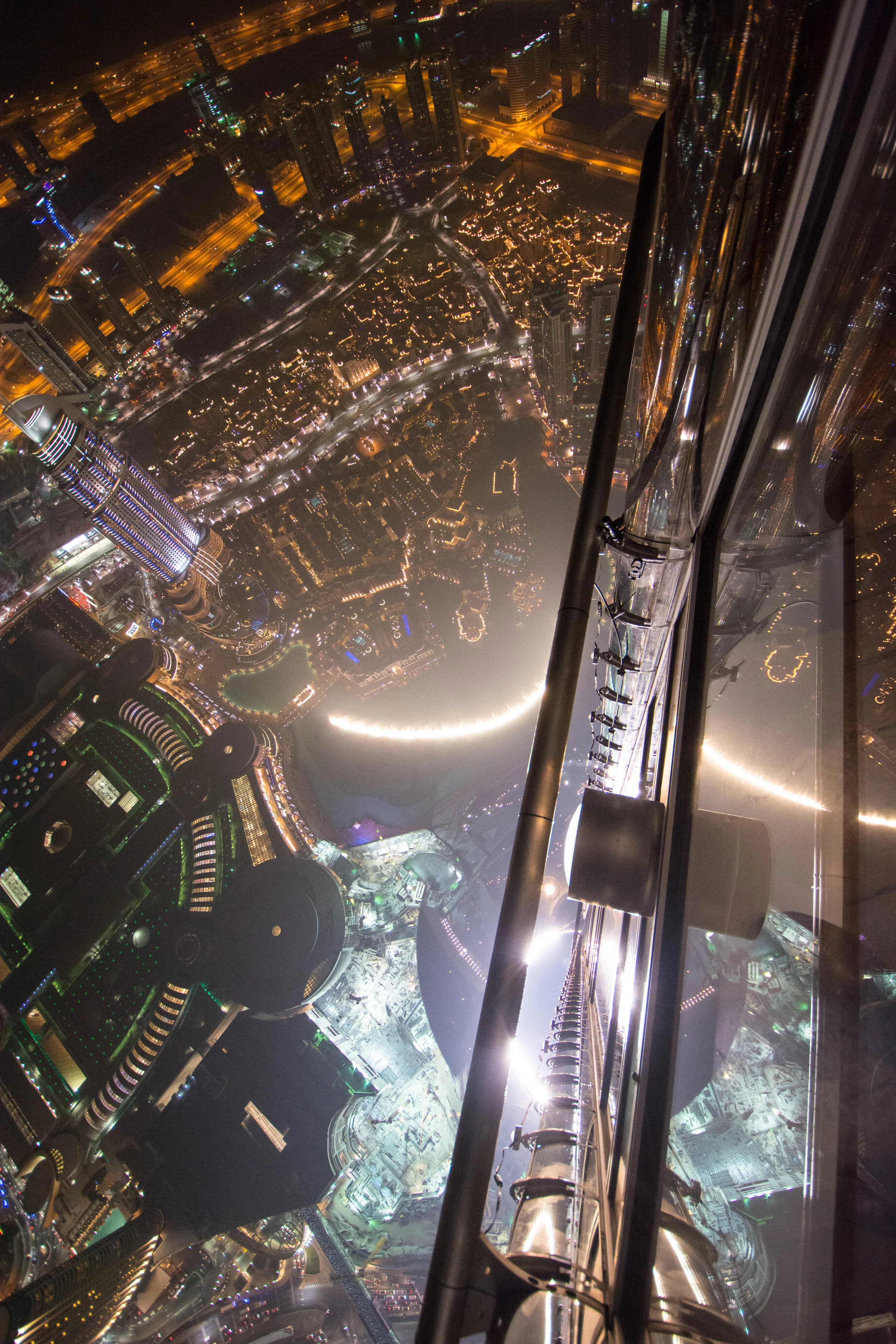 The Dubai fountain as seen from the observation deck on the Burj Khalifa
