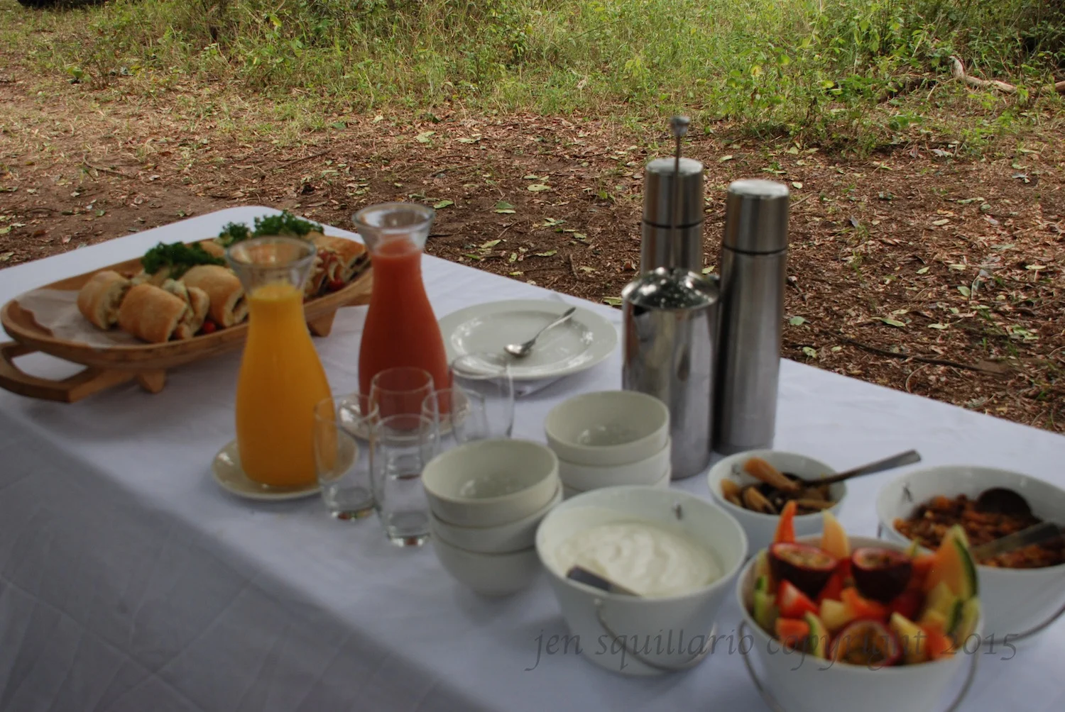 In the bush, our butler at the camp set up a bush breakfast of fresh fruit, yogurt, fried egg sandwiches, and coffee. The photo is a bit blurry (I must have been too hungry to concentrate), but it gives a good impression of how fabulous the breakfast was.