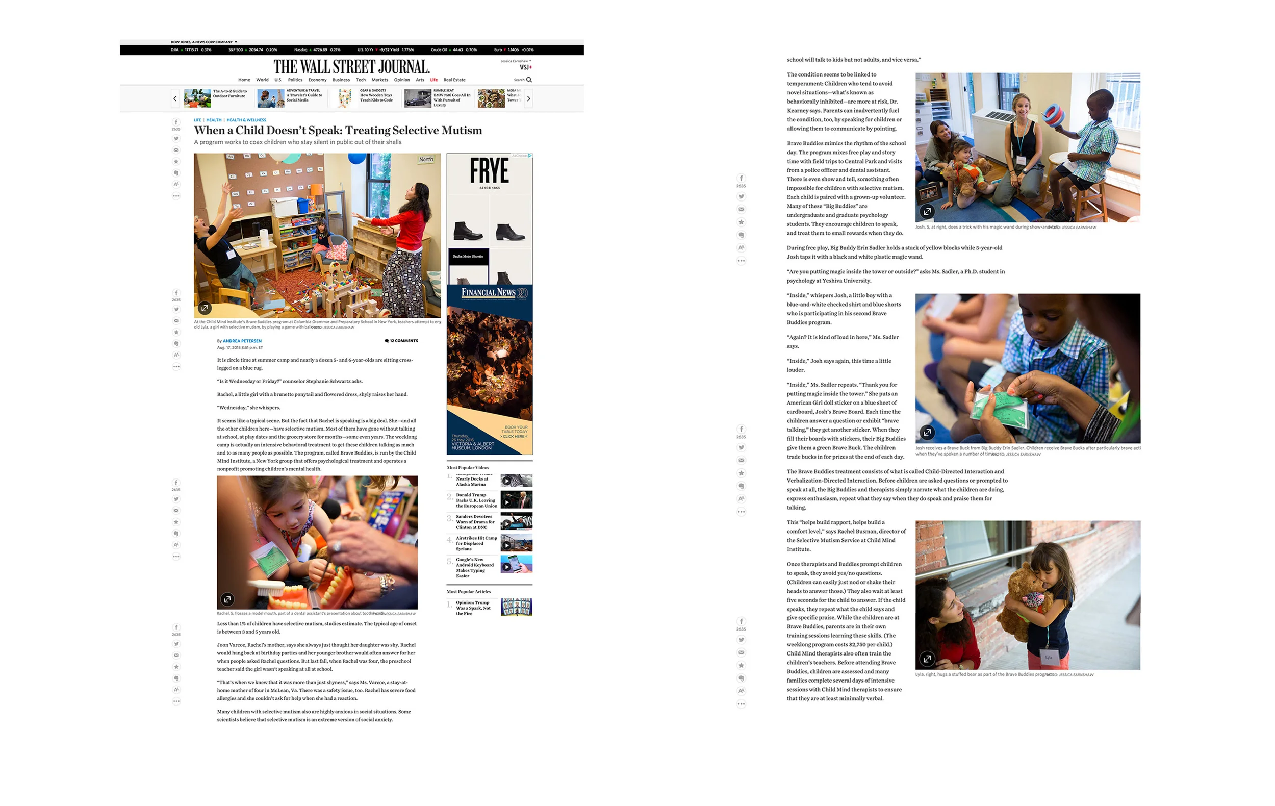 The Wall Street Journal, ‘When a Child Doesn’t Speak: Treating Selective Mutism”, Aug 17, 2015