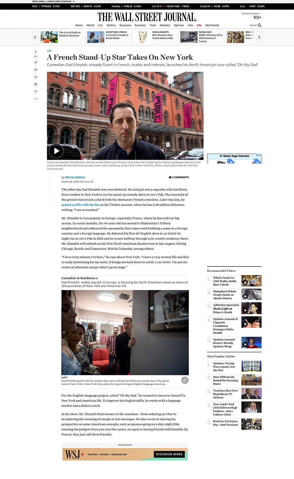 The Wall Street Journal, A French Stand-Up Star Takes On New York, March 22, 2016