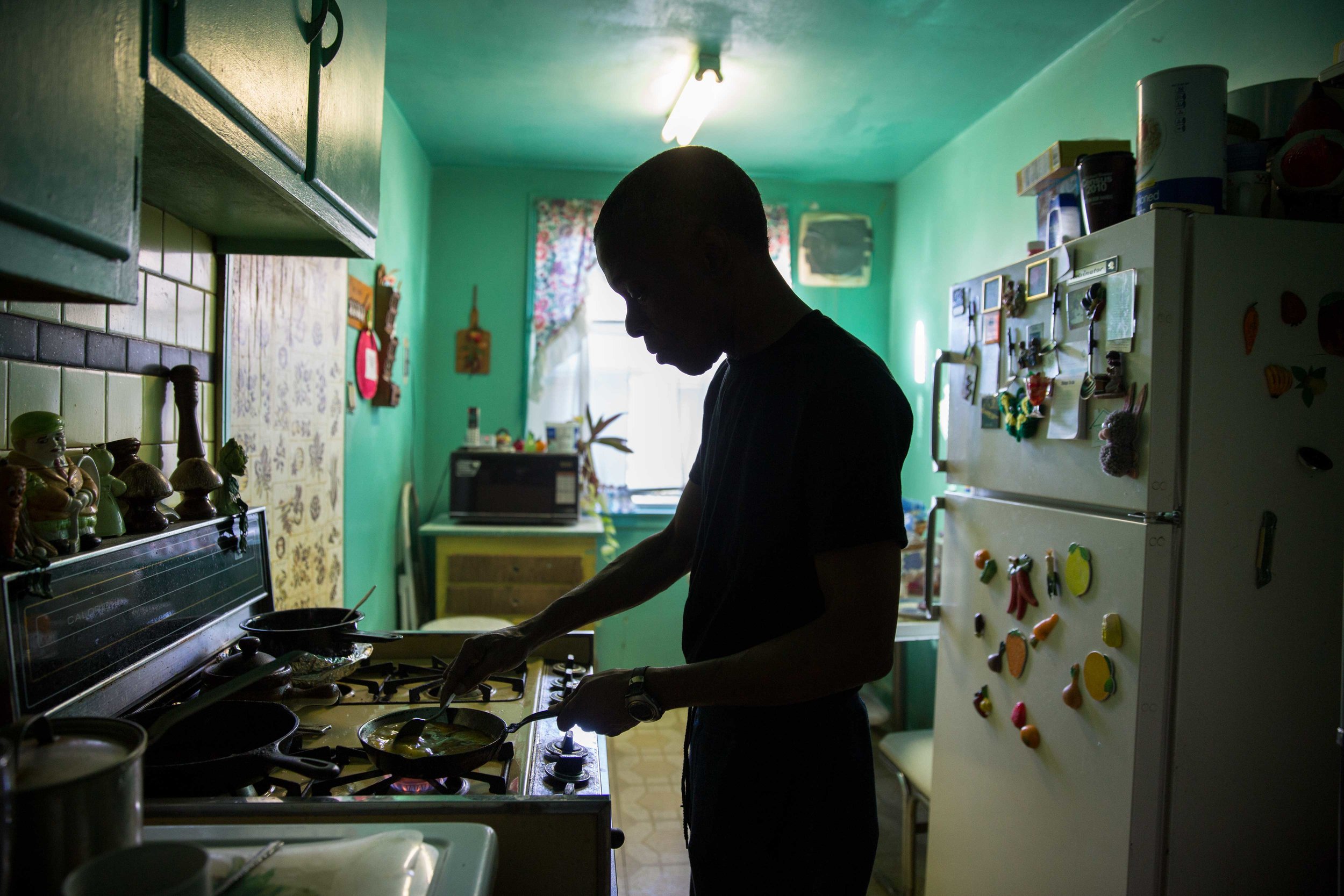 Ronald cooks breakfast for his mother, Willie Mae, every morning. “I still wake up like I do in prison. I have my watch, which goes off at 7 o’clock—see in there, 7 o’clock is wake-up call, 7:30 is room inspection—so when I get up, I get up just lik