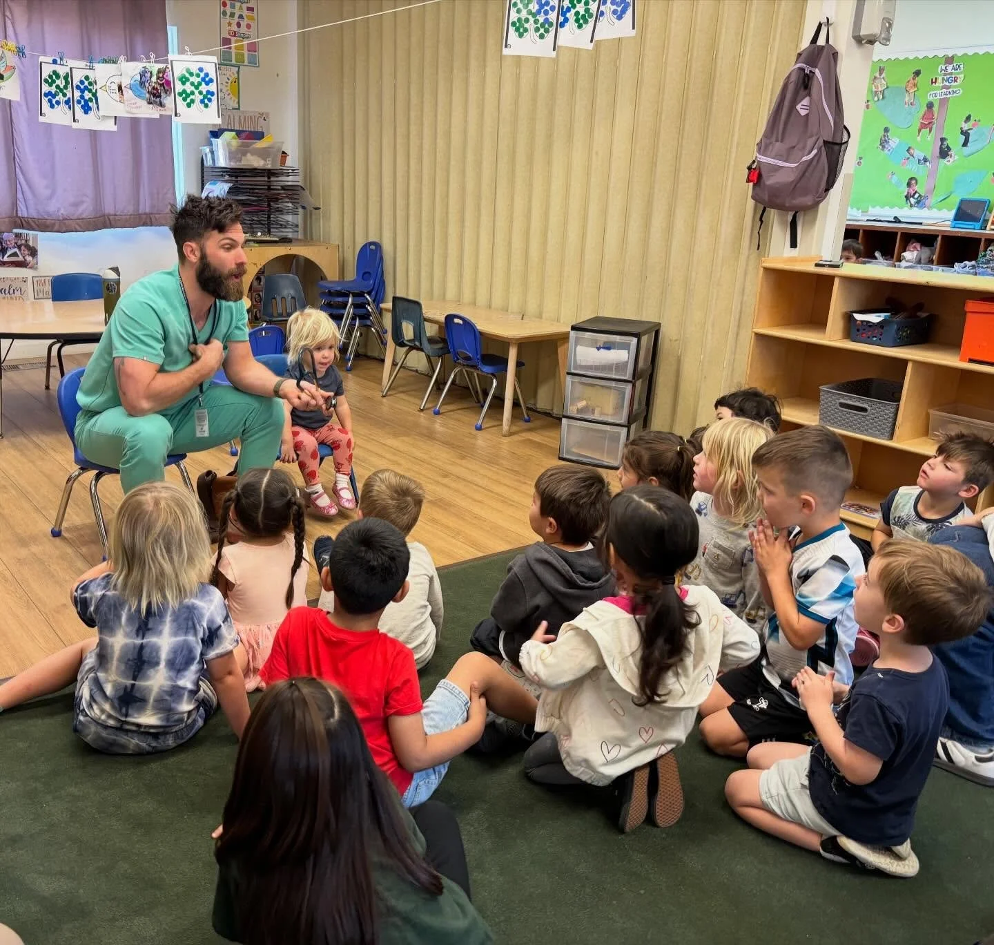 Dr. Alex Leasure was our visitor today. We got to hear about what he does as a Doctor and even try out some of the instruments he uses like a stethoscope and a camera to see inside your ears!