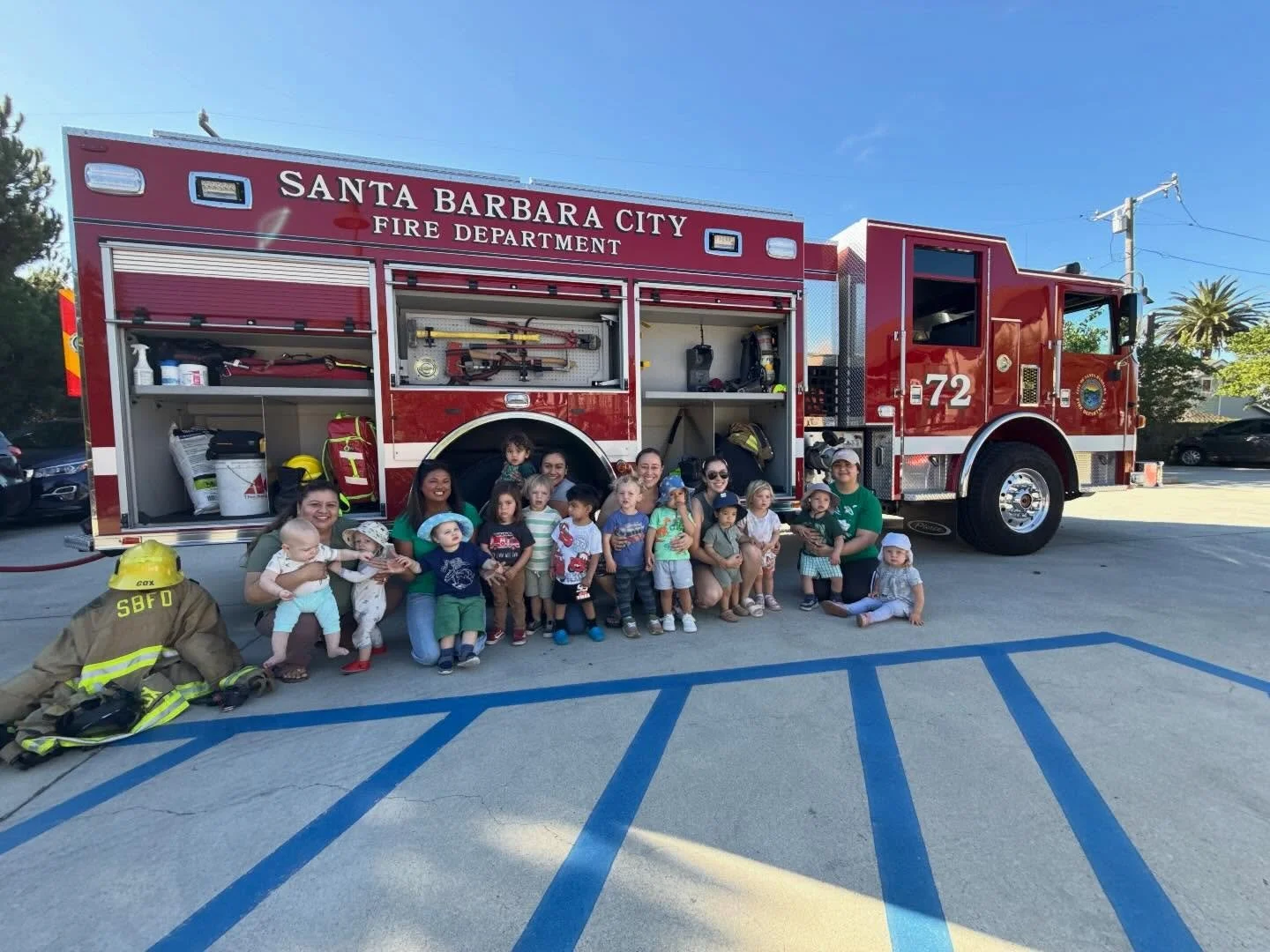 Today we had a great visit from the Santa Barbara Fire Department! The firefighters read a book to us, we learned about different equipment they use, how to stop drop and roll, and of course check out the engine!