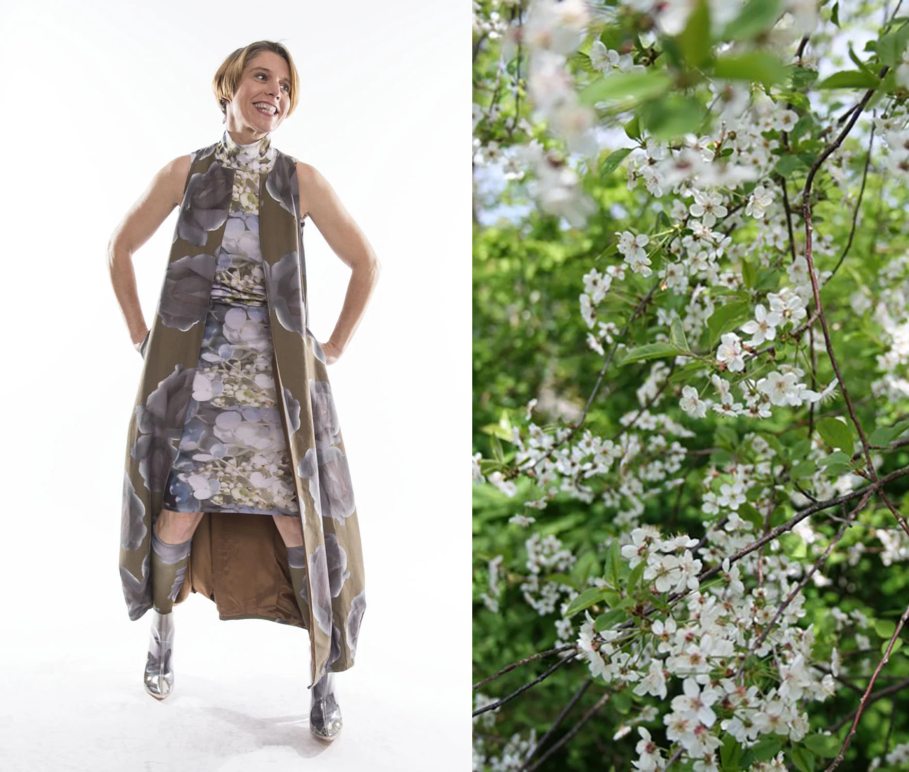 On the left is joyous me, wearing our Everything's Coming Up Roses vest and the Lauryn dress in rainclusters. On the right is the wild cherry tree in my mother's garden which JUST blossomed today as a remote birthday gift!!