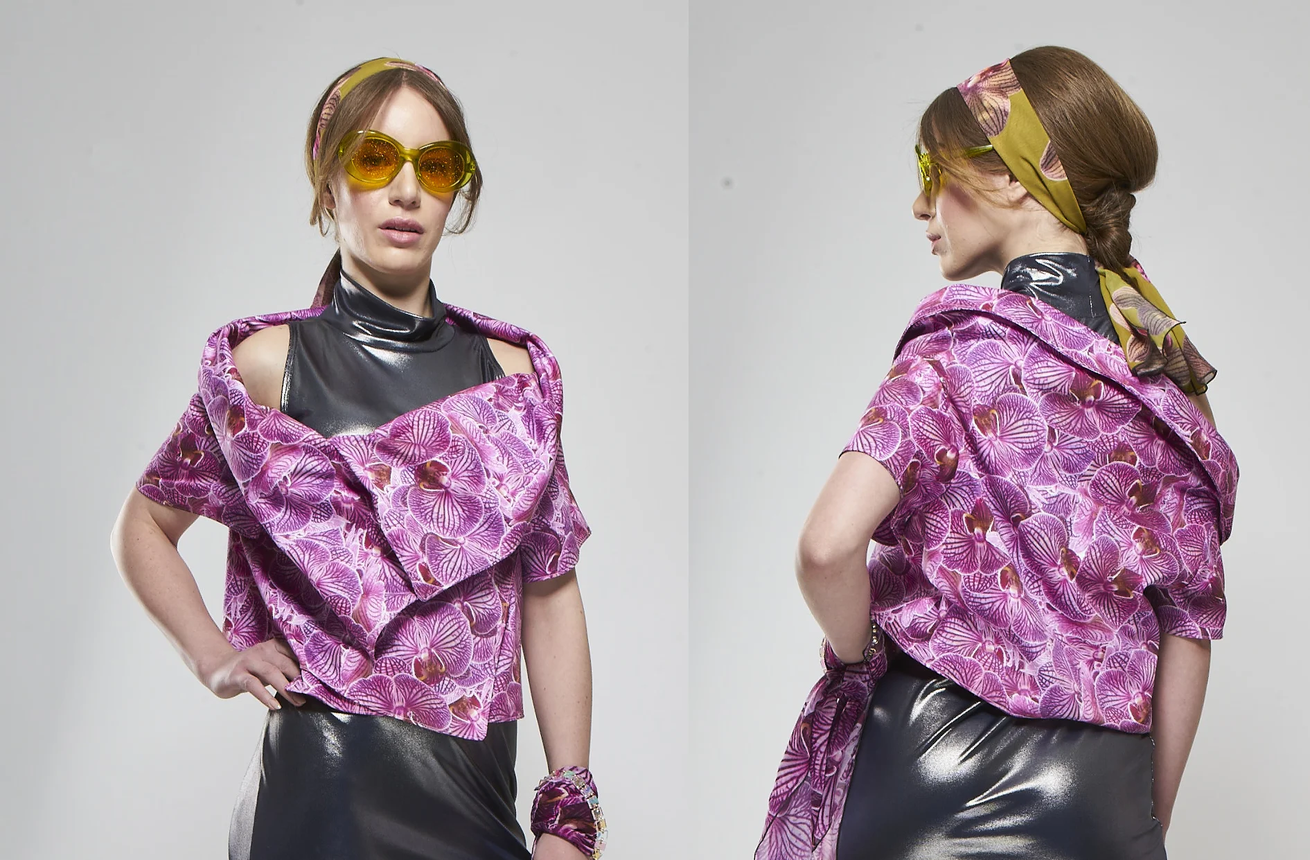 Ada is wearing our Origami Bolero in pink orchid print on 100% organic cotton sateen. 