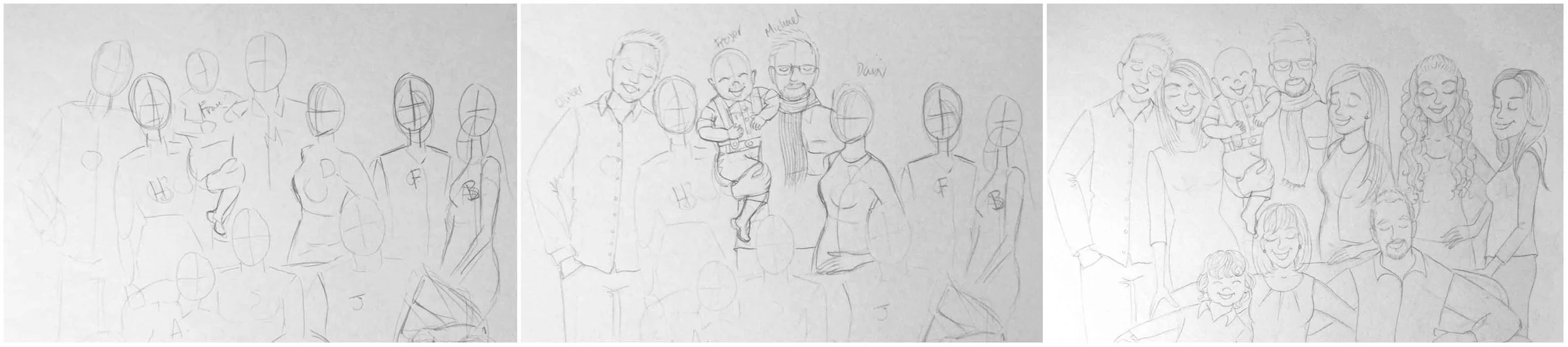 Set of drawings showing my development of composition before adding detail to the final pencil sketch.