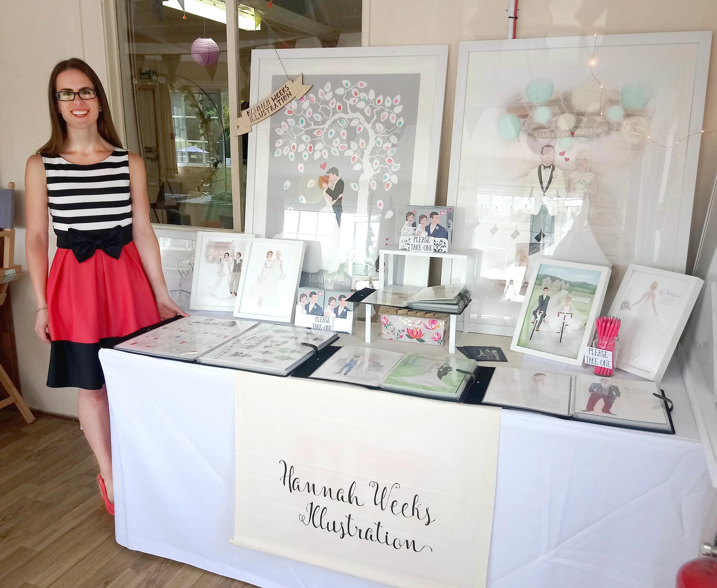 Another shot of my set up. This was the first time I didn't take my picture-display easel with me... if I'm honest, I couldn't fit it in my teeny car and chief car-packer Tom wasn't around to help me like usual! I think it worked well though and I actually quite like the look of having my big pictures just propped up on the table top.