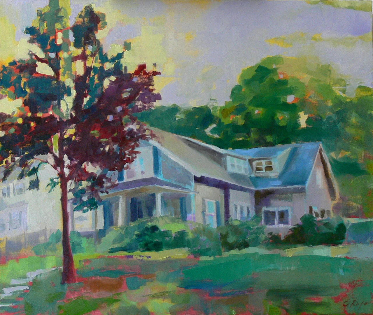 This is another commission (20” x 24”).  What a complicated house!  The house itself is a study of gray on gray, and the day I took photos, the sky was also gray.  I took some license and juiced the colors up a little.