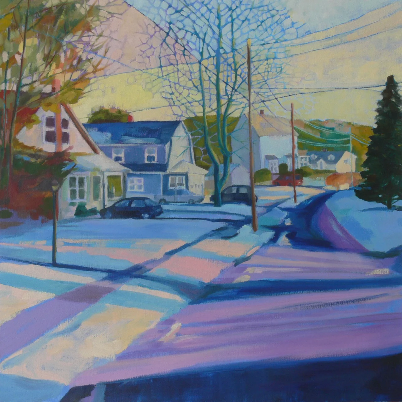 24”x24”, oil on canvas
This is me trying to be inspired by the snow.  Actually, it’s the power lines and the streaks of light that really got me going.  And of course the trees.  Always the trees.