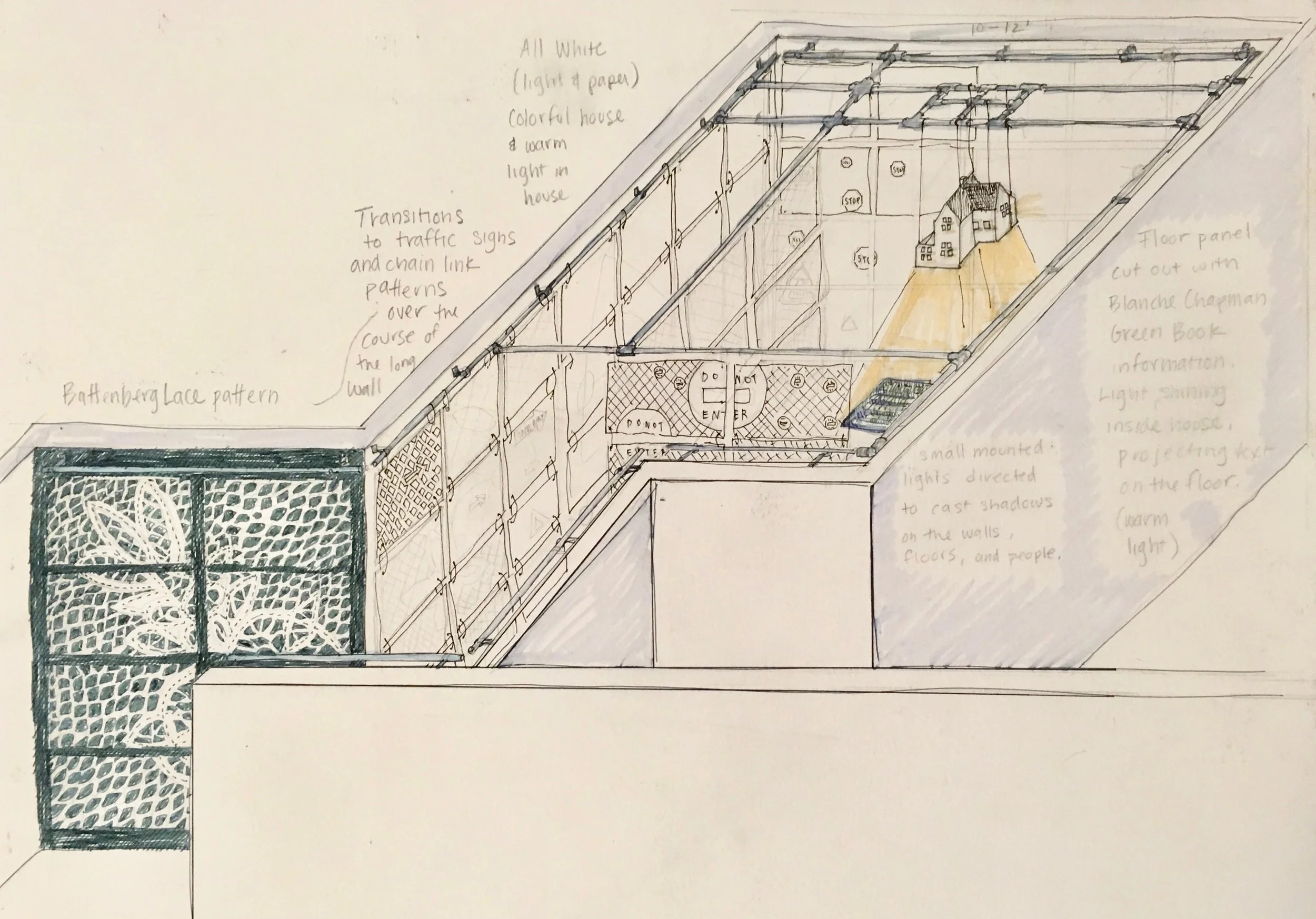 The house model will hang in the center of the installation. Around it are curtains made from laser-cut watercolor paper and zip ties.