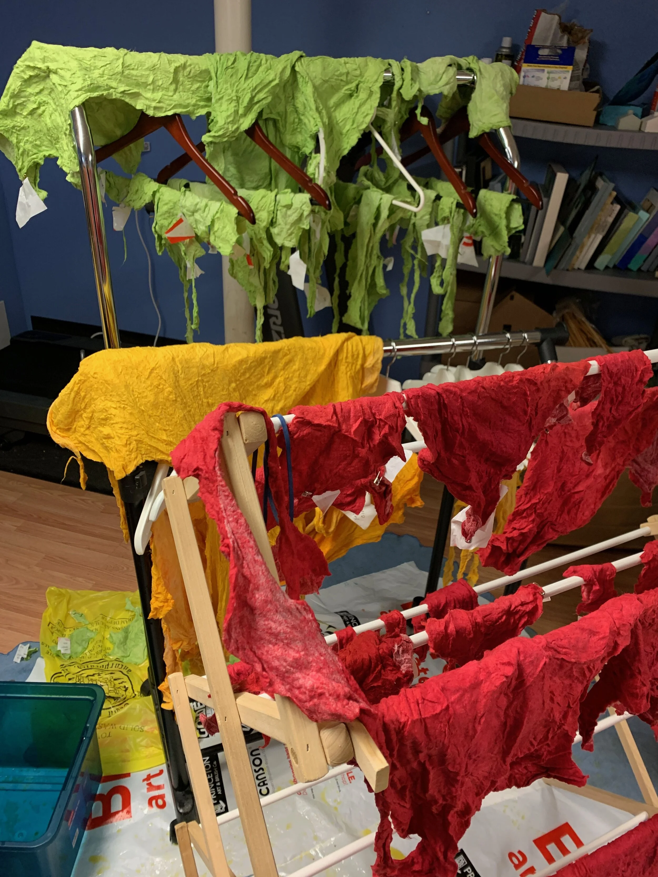 After the batting is cut into the shapes from the map, it was dyed and is shown here drying.