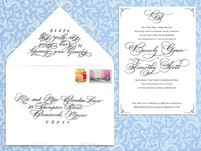 Invitation and A7 envelope For design and digital printing of 100 cards $450. Envelop addressing: Outer envelope $4 per envelope, return address $3 per envelope - Please contact me for details