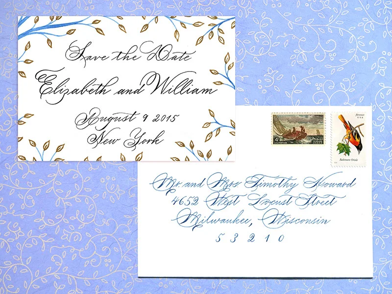 Save the Date and A6 envelope For design and digital printing of 100 cards $300. Envelop addressing: Outer envelope $4 per envelope, return address $3 per envelope - Please contact me for details