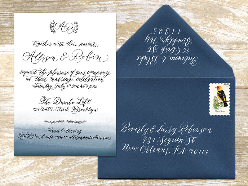 Invitation and A7 envelope For design and digital printing of 100 cards $600. Envelop addressing: Outer envelope $4 per envelope, return address $3 per envelope - Please contact me for details