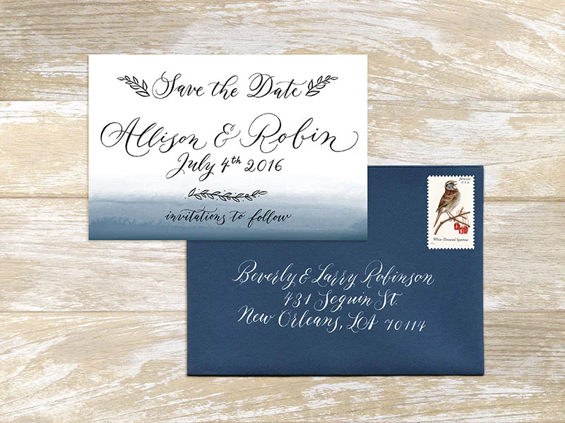 Save the Date and A6 envelope For design and digital printing of 100 cards $300. Envelop addressing: Outer envelope $4 per envelope, return address $3 per envelope - Please contact me for details