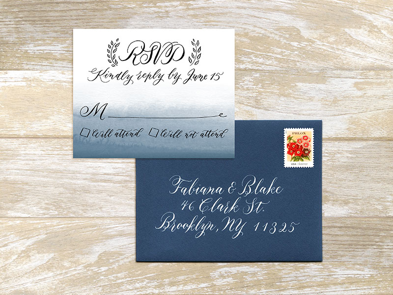 RSVP and A2 envelope For design and digital printing of 100 cards $300. Envelop addressing: Outer envelope $4 per envelope, return address $3 per envelope - Please contact me for details